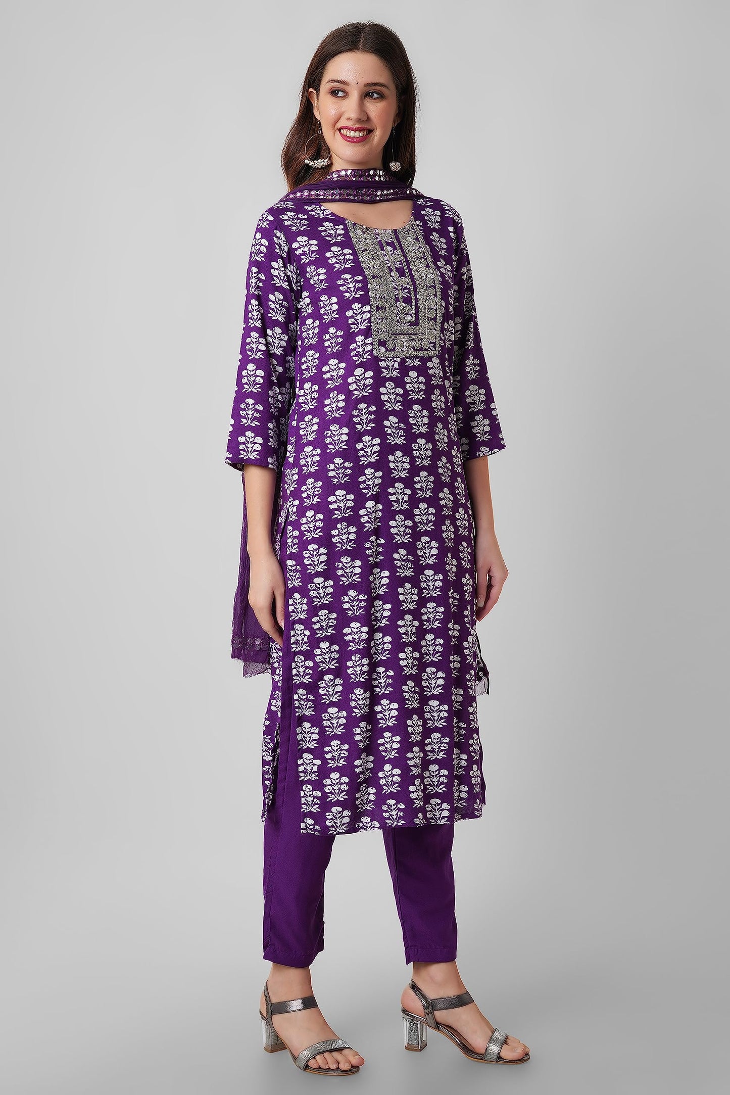 rytras Women's Embroidered Straight Kurta with Pant and Dupatta Set