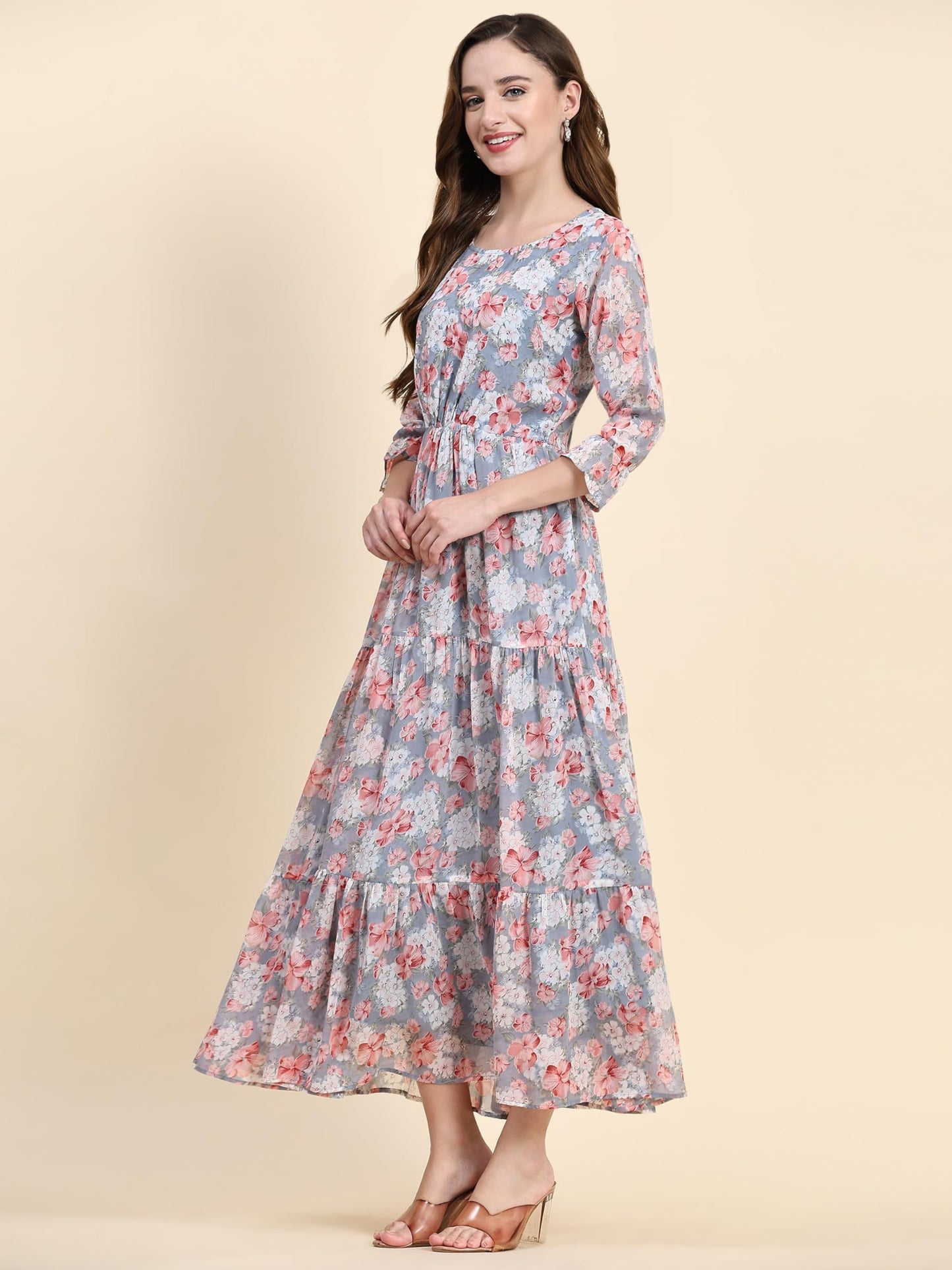 Toochki WomenS Grey Georgette Floral Tiered Western Dress | Dress For Women | A Line Dress | Winter Dress | Western Dress | Lat