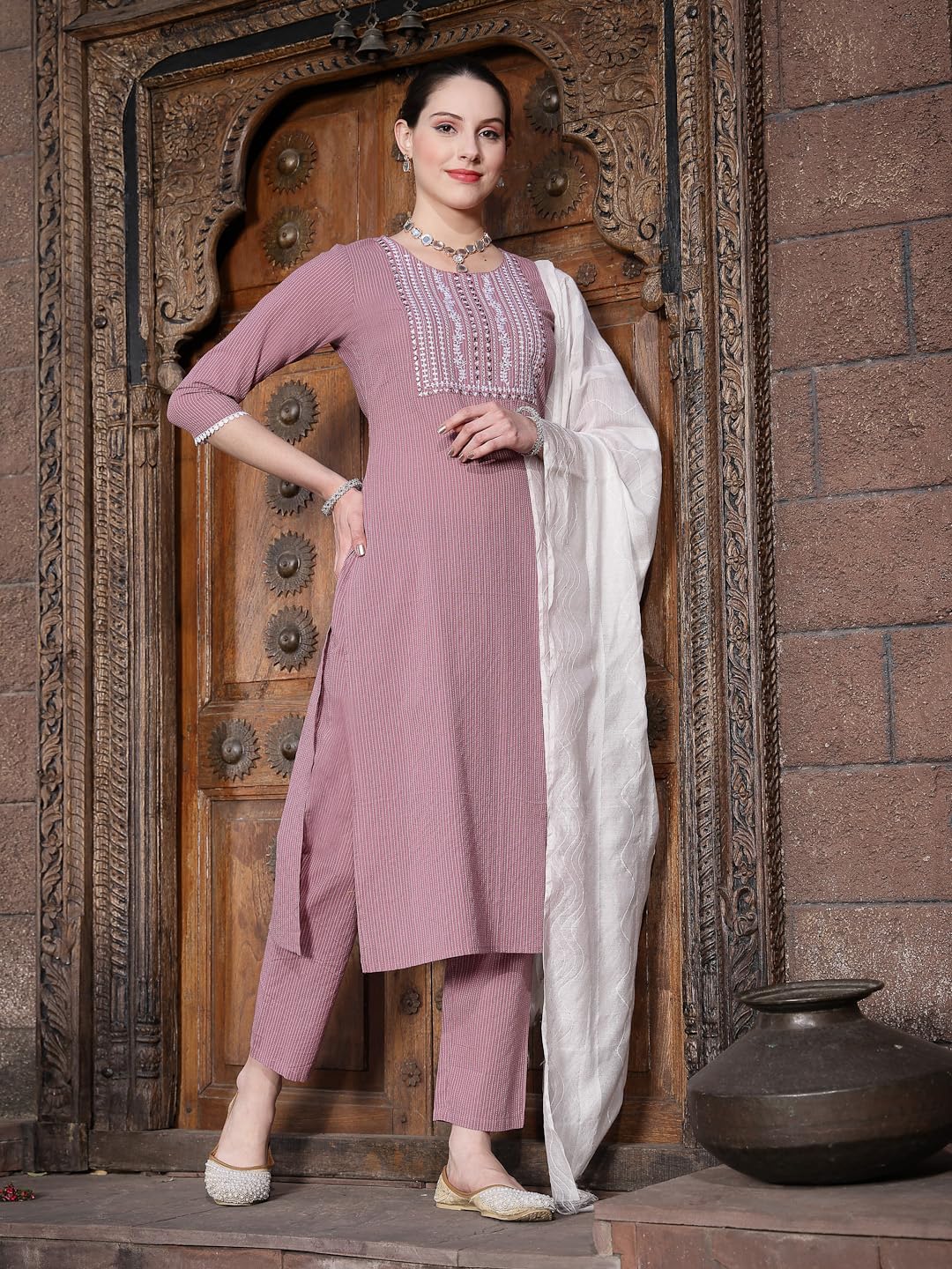 Stylum Women's Kantha Work & Embroidered Cotton Straight Kurta Pant Dupatta Set (KPDMAUVEKULLU_Mauve)