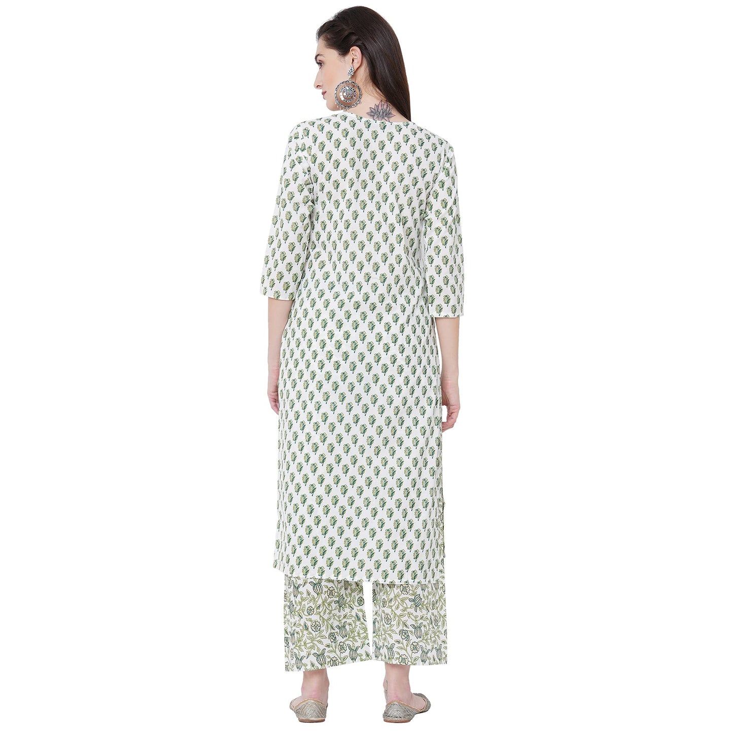 GoSriKi Women's Cotton Straight Kurta with Palazzo (EPSHA White)