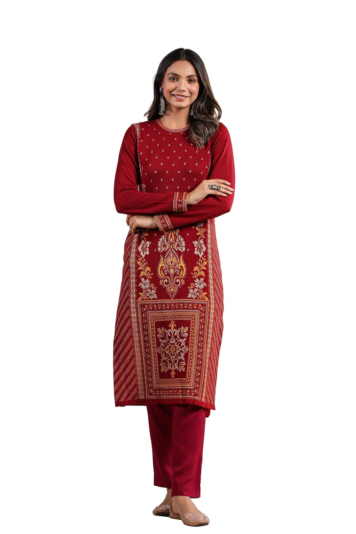 Ishin WomenS Maroon Jacquard Style Ethnic Motifs Straight Winterwear Kurta