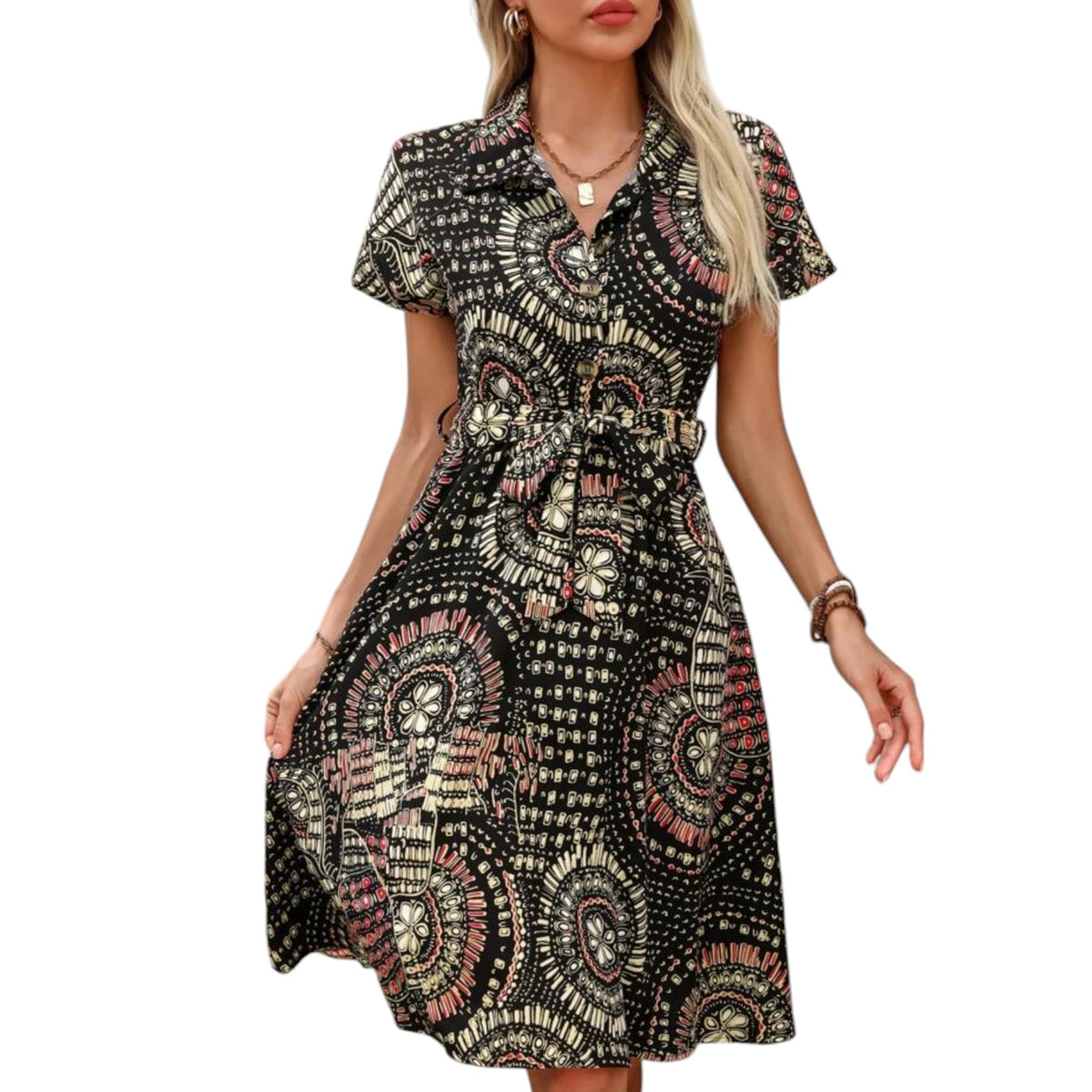 Gufrina Dresses For Women || Short Sleeve ||All Over Geometric Print|| Collar-Neck And Regular Sleeves || Front Open Button & Hi