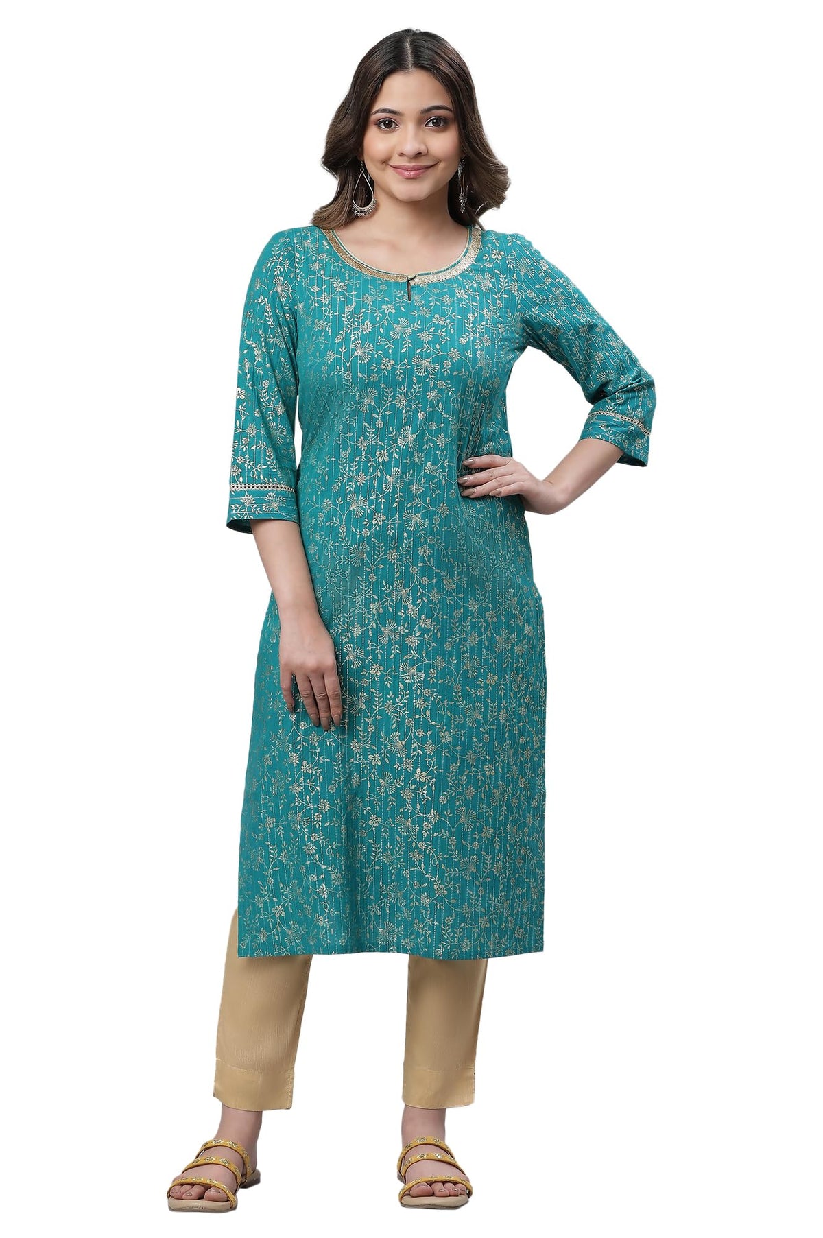 Aurelia Green Foil Pattern Cotton Straight Long Kurta