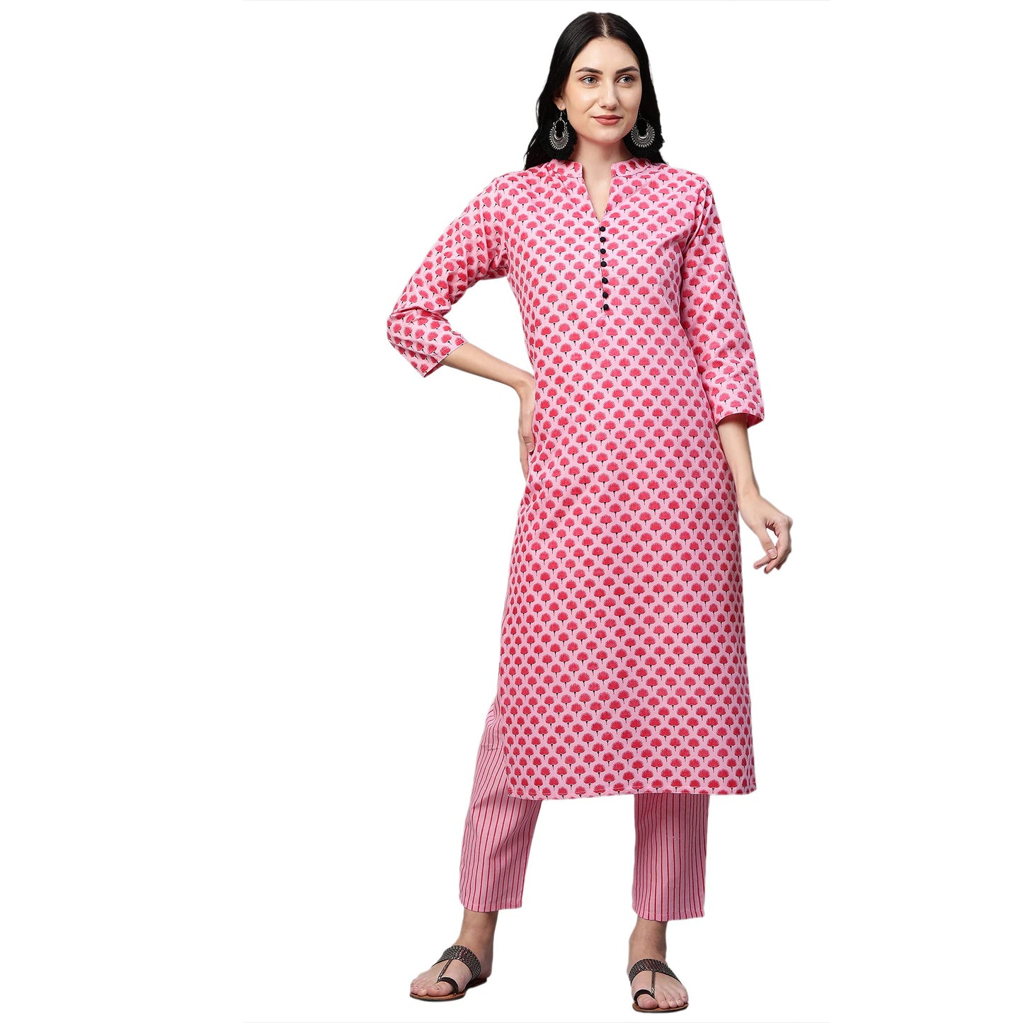 GoSriKi Women's Cotton Straight Kurta with Palazzo (REVATHI New Pink)