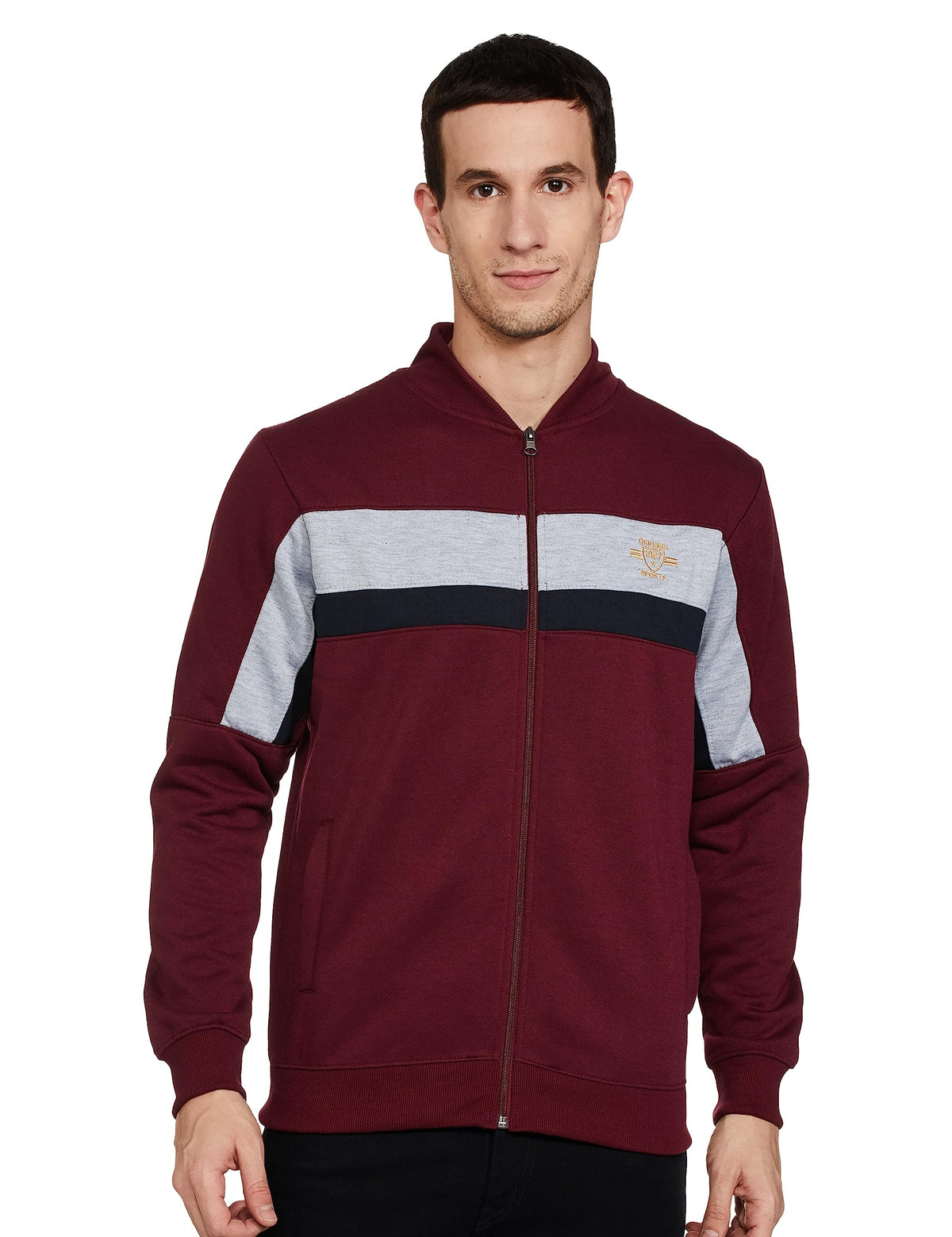 The Indian Garage Co Red Slim Fit Solid Long Sleeve Zipper Sweatshirt