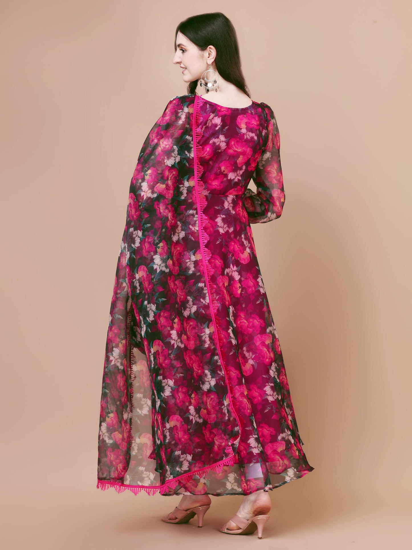 Women Floral Print Anarkali Kurta with Pant and Dupatta (KRT547) (Medium, Pink)