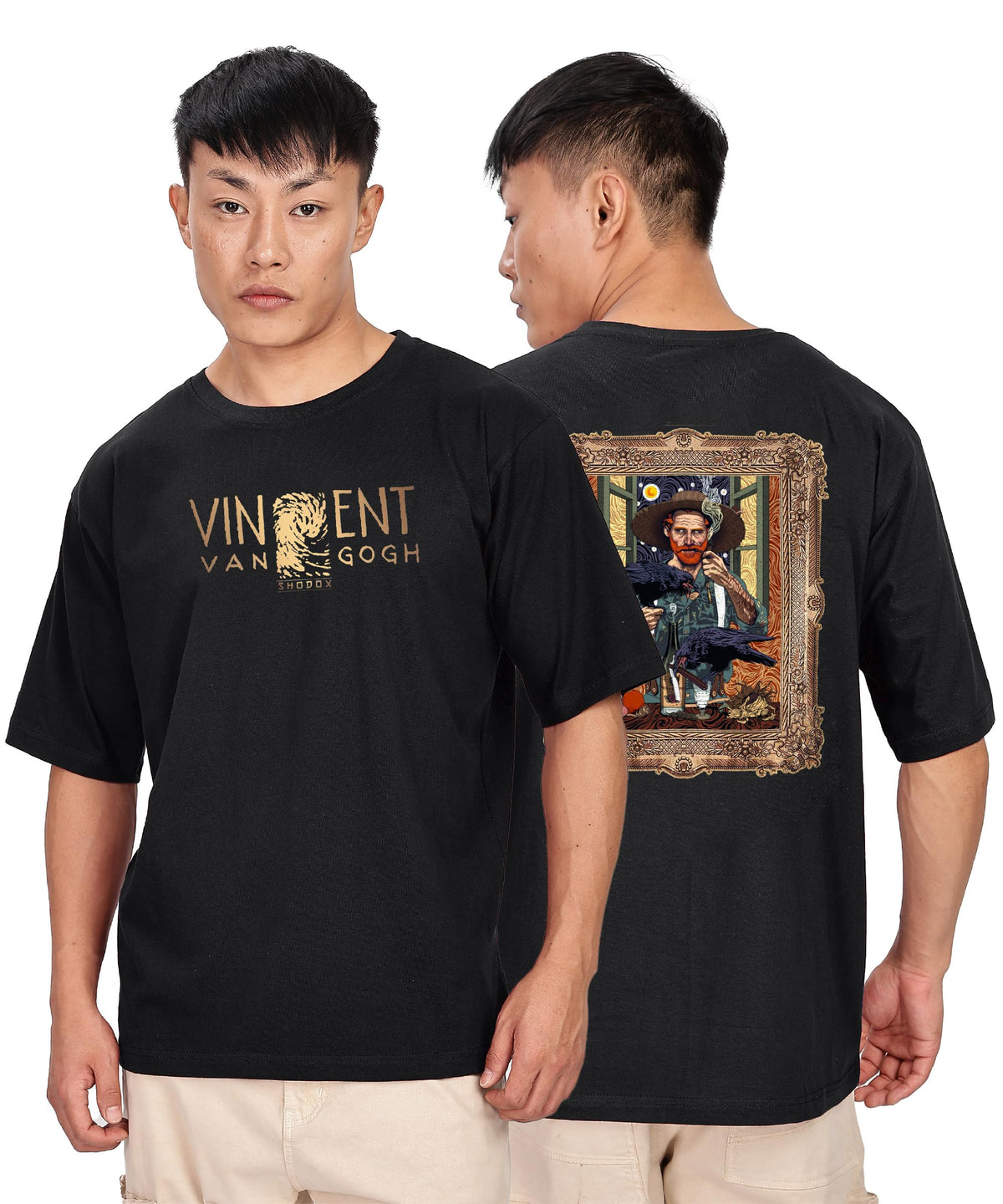 SHODOX Mens 100% Pure Cotton Relaxed Fit Drop Shoulder Premium Front & Back Printed Oversized T-Shirt (Pack of 1) Black