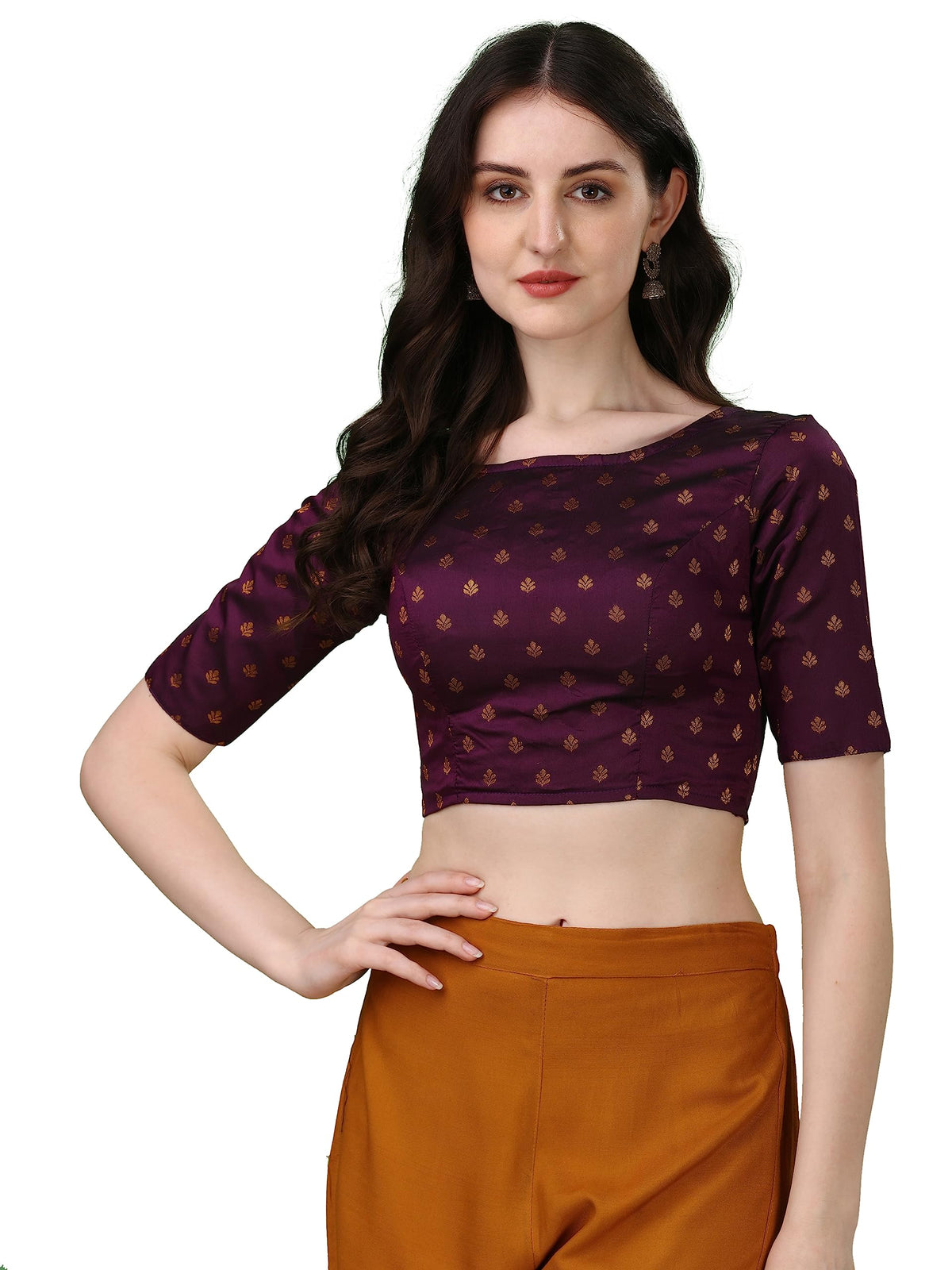 Oomph! Readymade Blouse For Women, Brocade, Purple, Boat Neck