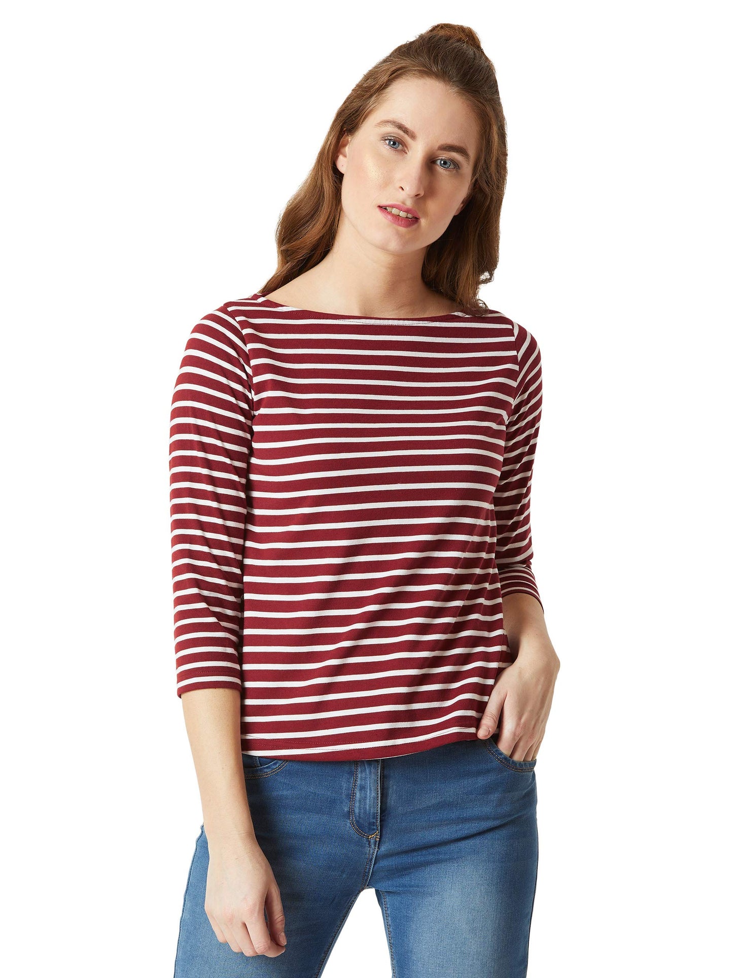 Miss Chase WomenS Maroon & White Boat Neck 3/4Th Sleeves Regular Basic Cotton Striped Top (Mcaw18Tp11-95-139-06, Maroon And Whi