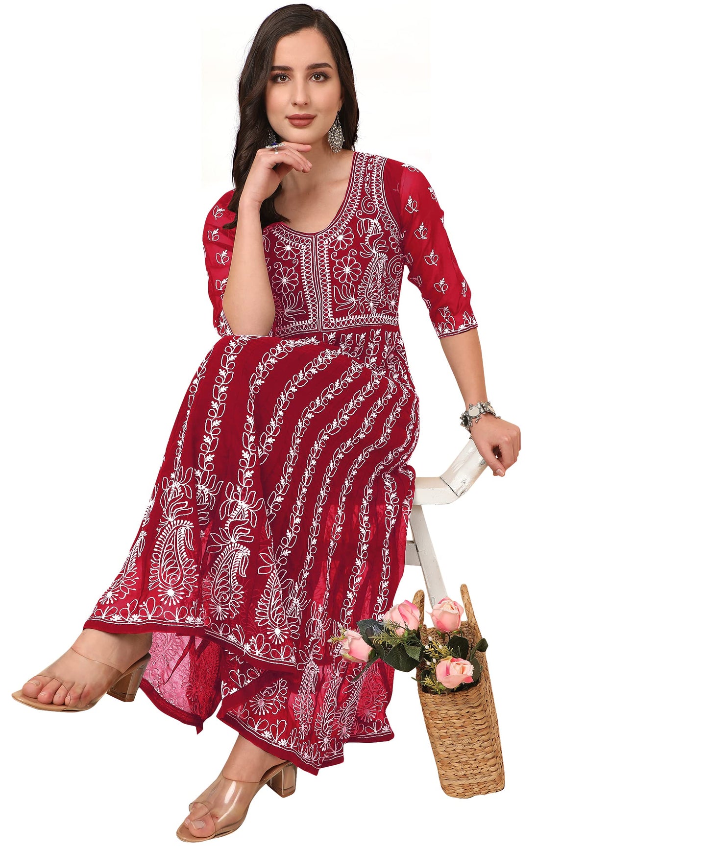 EthnicJunction Women s Georgette Chikankari Embroidery Anarkali Kurta (B19-Apsara-Maroon_2XL_Maroon)