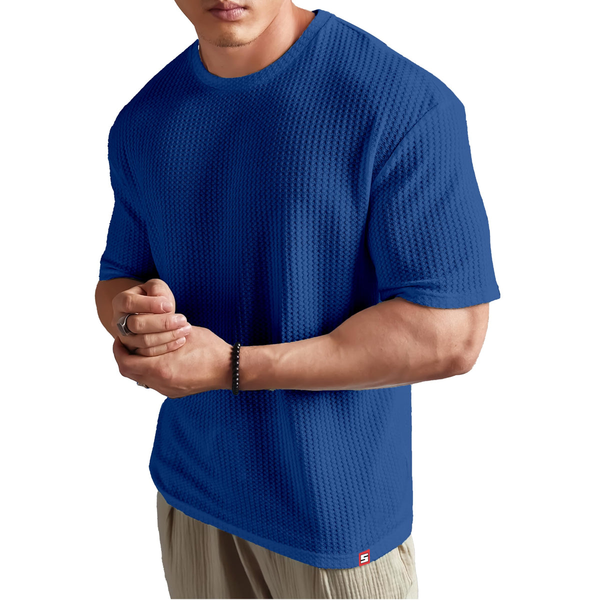 SHODOX Mens Solid Dotted Unique Design Oversized Tshirt for Men - Round Neck Loose Fit Drop Shoulder Mens T-Shirt Blue