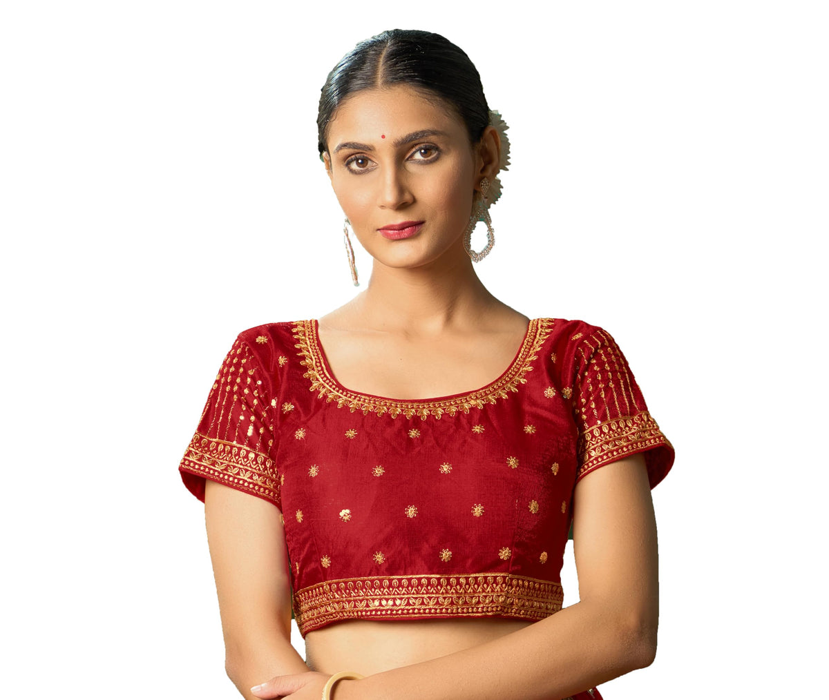 Pujia Mills WomenS Red Readymade Blouse Embroidery Multi Coding Gold Thread Indian Ethnic Designer Blouse Stitched WomenS Read