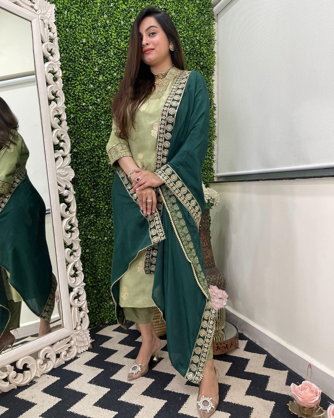 GoSriKi Elegant Silk Viscose Kurta Set for Women, Printed Straight Kurta with Pant and Dupatta, Large, Court Color, Model UDH-CLRS-GS