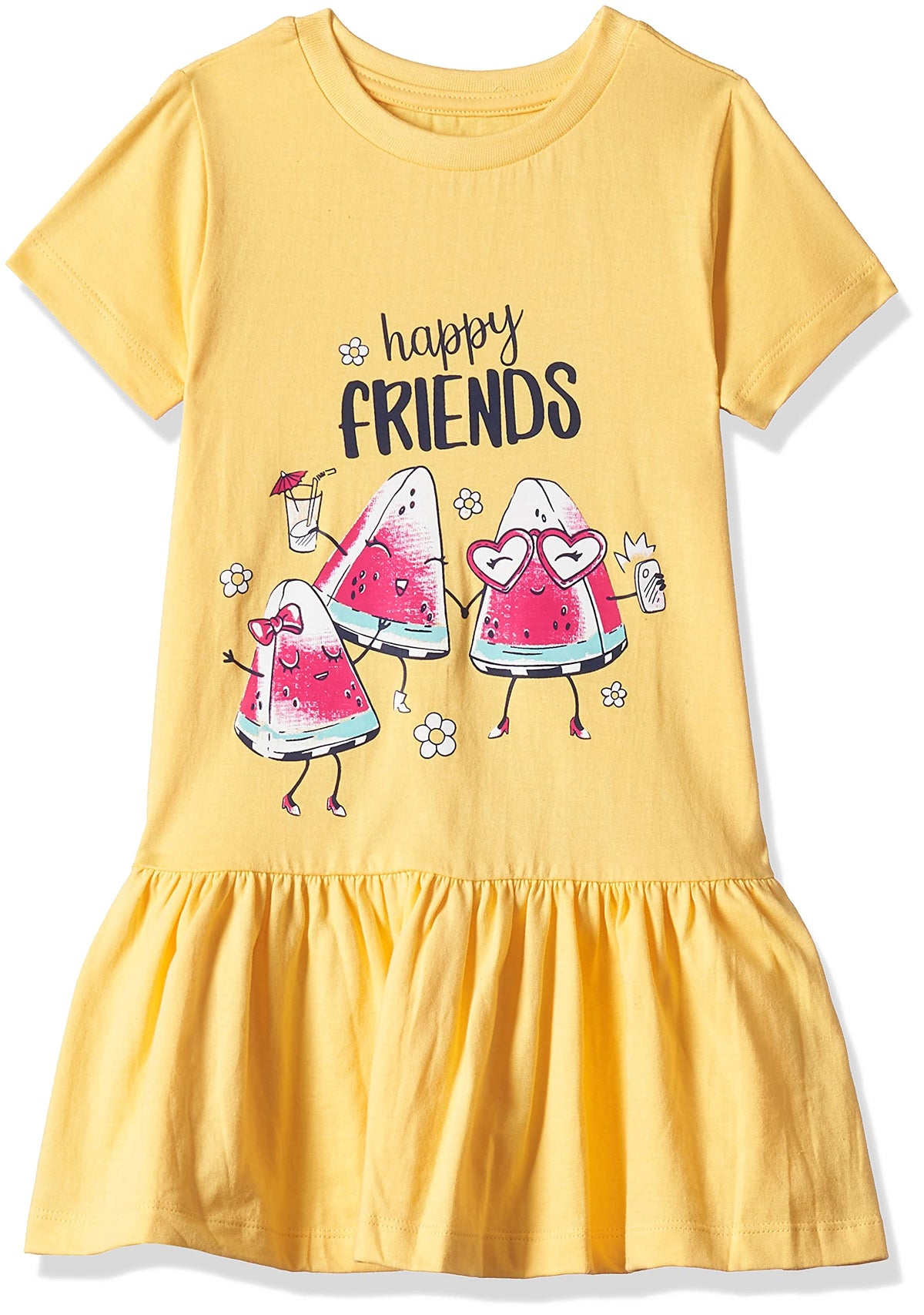 T2F Girls Cotton Printed Regular Fit Casual Dress Yellow