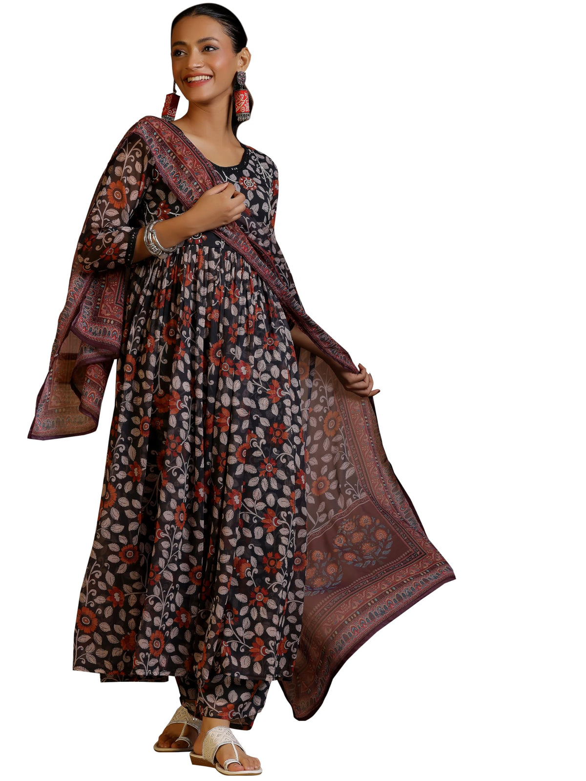 Libas WomenS Poly Chiffon Kurta Set (27669_Black