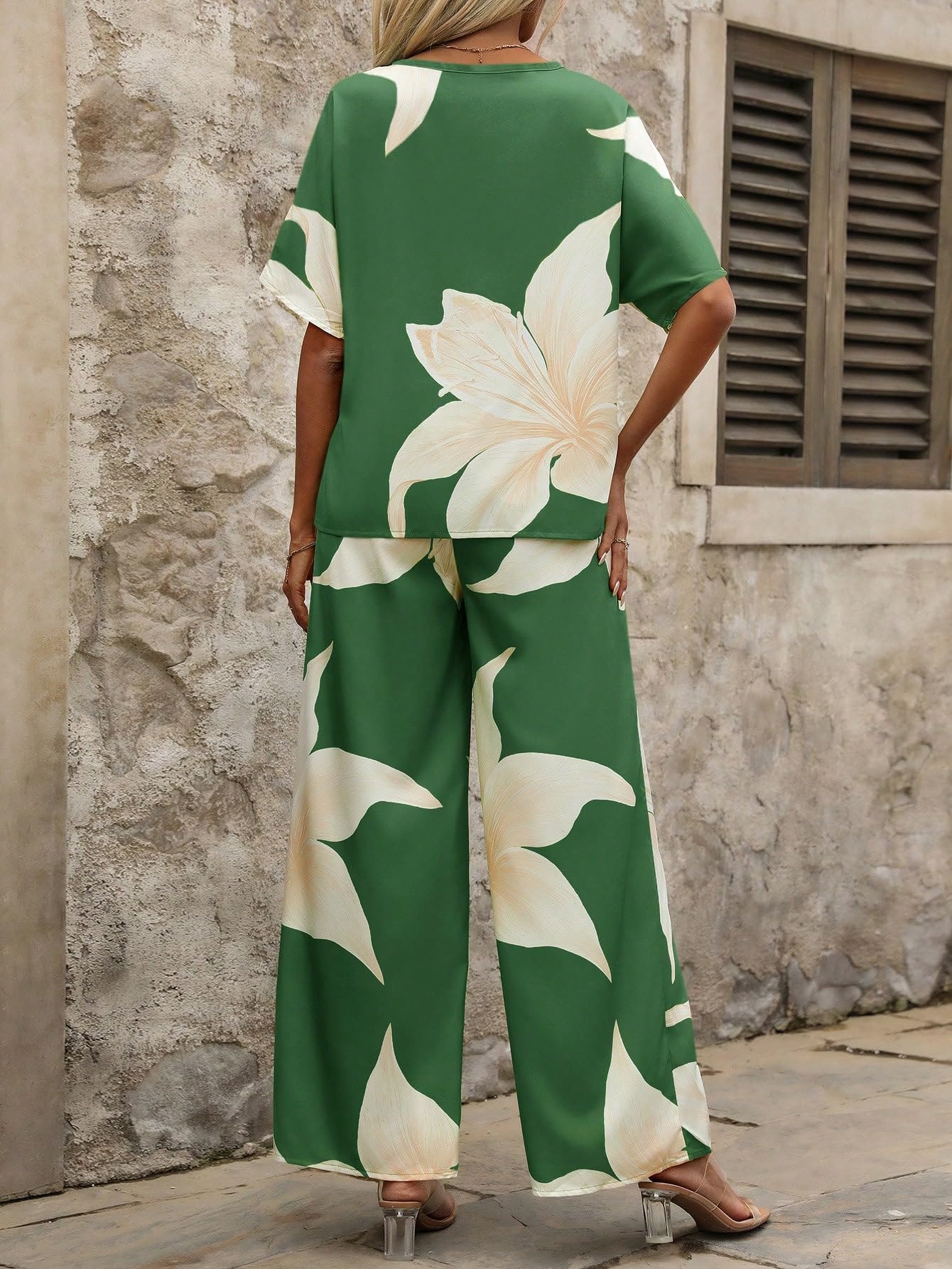 Shasmi Womens Casual Elegant Green Floral Printed Batwing V-Neck Blouse, Sleeve Shirt, Wide Long Pants for Ladies 2pcs/Set, Spr
