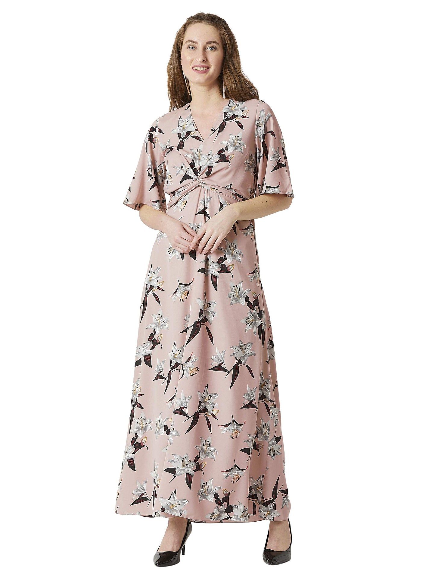 Miss Chase WomenS Pink V-Neck Flared Half Sleeves Knotted Floral Maxi Dress(Mcaw18D12-08-177-02, Multicolor-Base Pink, X-Small)