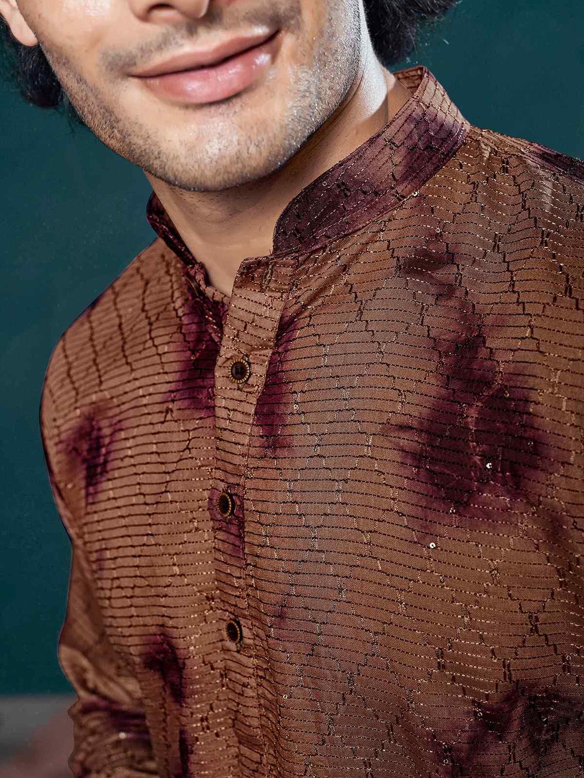 Vardha MenS Viscose Sequence Stitched Kurta, Flowy Wine Pattern Shibori Dyed Ethnic Kurtas For Men, Mandarin Collar, Pearl Butt