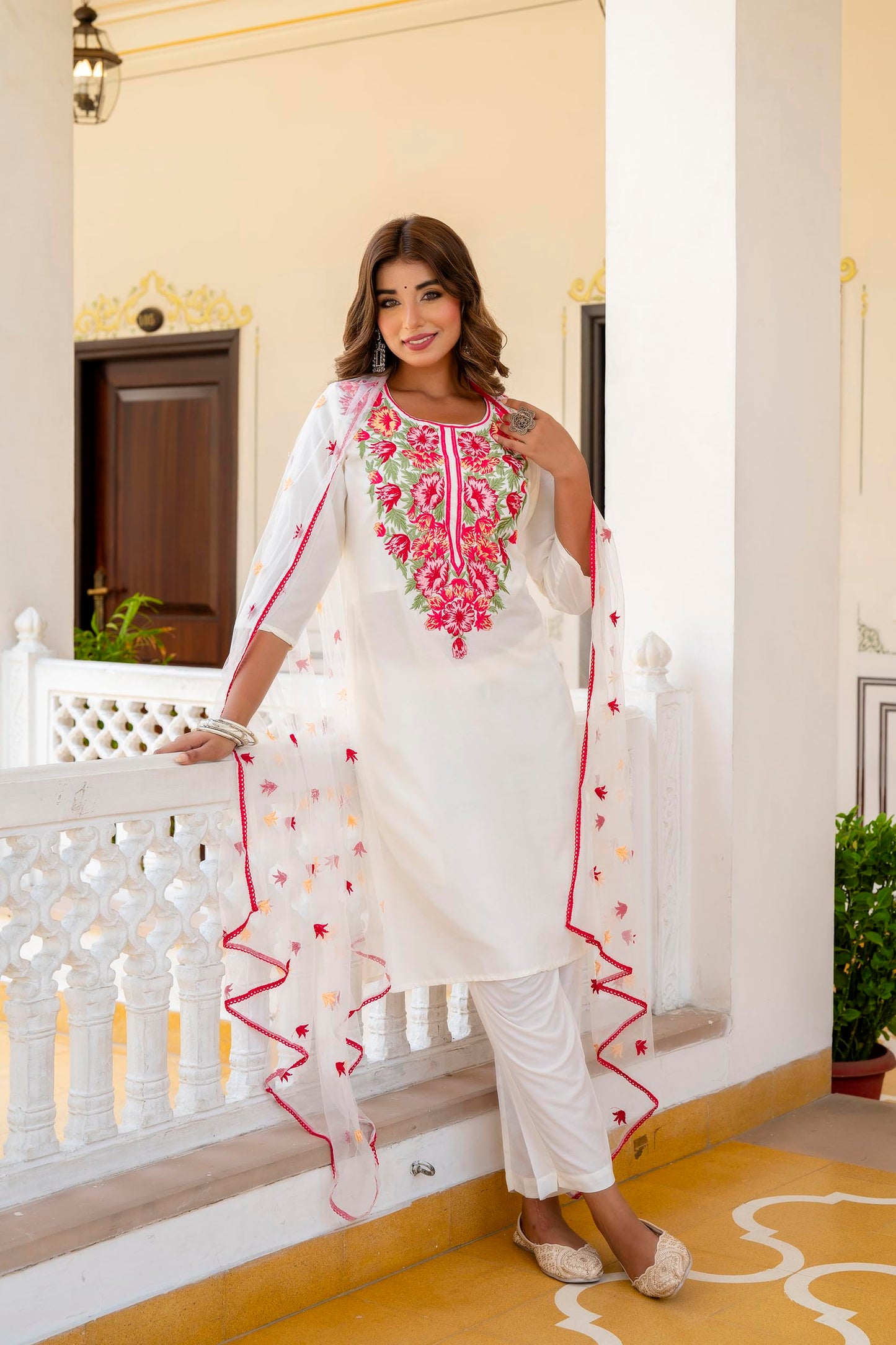 Yashika Women's Cotton Blend Embroidered Set: This Elegant Ensemble For Special & Casual Wear, Includes A Straight Kurta Pant With Dupatta Set