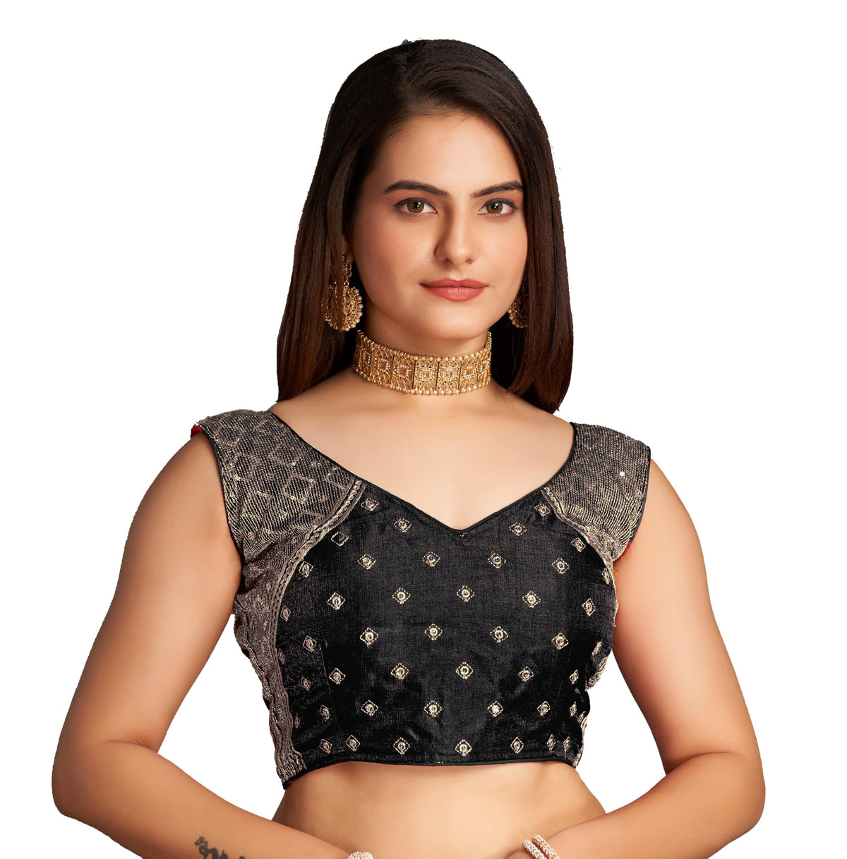 Pujia Mills WomenS Sequin Embroidered V Neck Sleeveless Black Readymade Saree Blouse Indian Ethnic Stitched Padded Blouses For