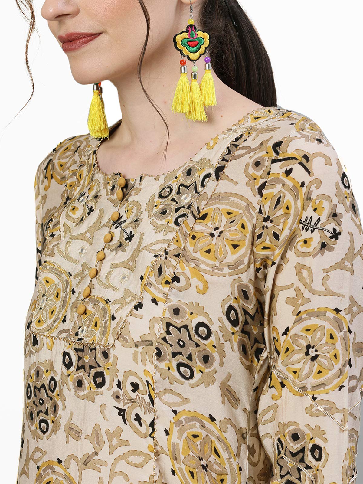 ishin Women's Rayon Off White & Mustard Zari Embellished A-Line Kurta Sharara Dupatta Set