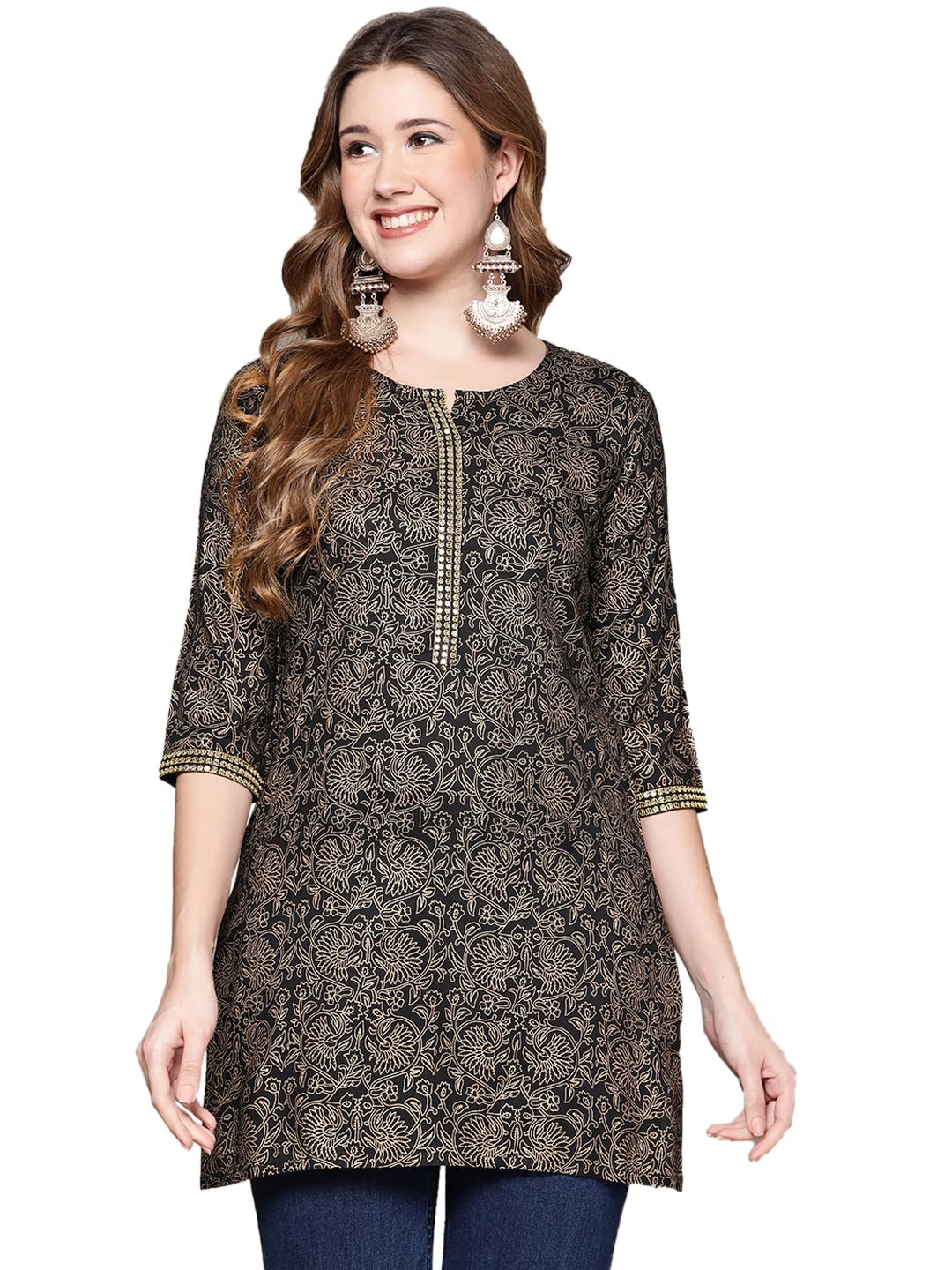 Anubhutee Black Ethnic Printed Straight Short Cotton Kurti For Women