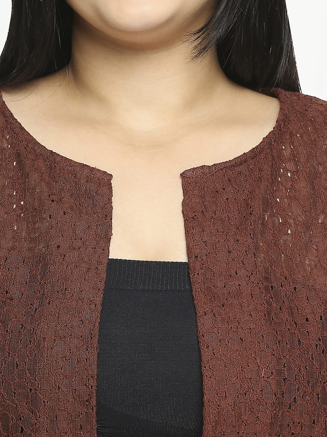Style Quotient Women Maroon Self Design Floral Lace Open Front Smart Casual Shrug