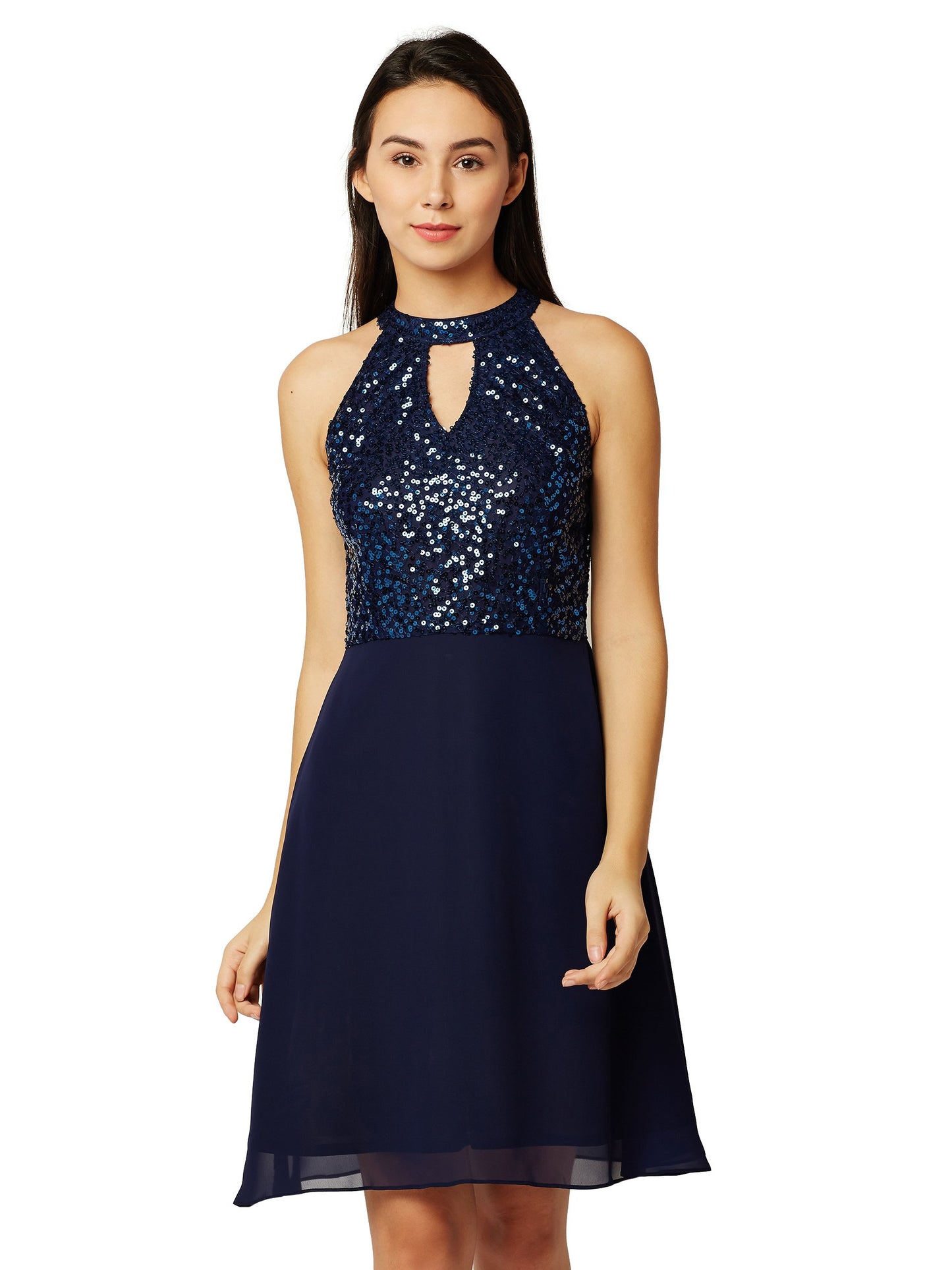 Miss Chase WomenS Flowy Sequin Georgette Skater Dress(Mcss18D10-61-71-06,Navy Blue,X-Large)