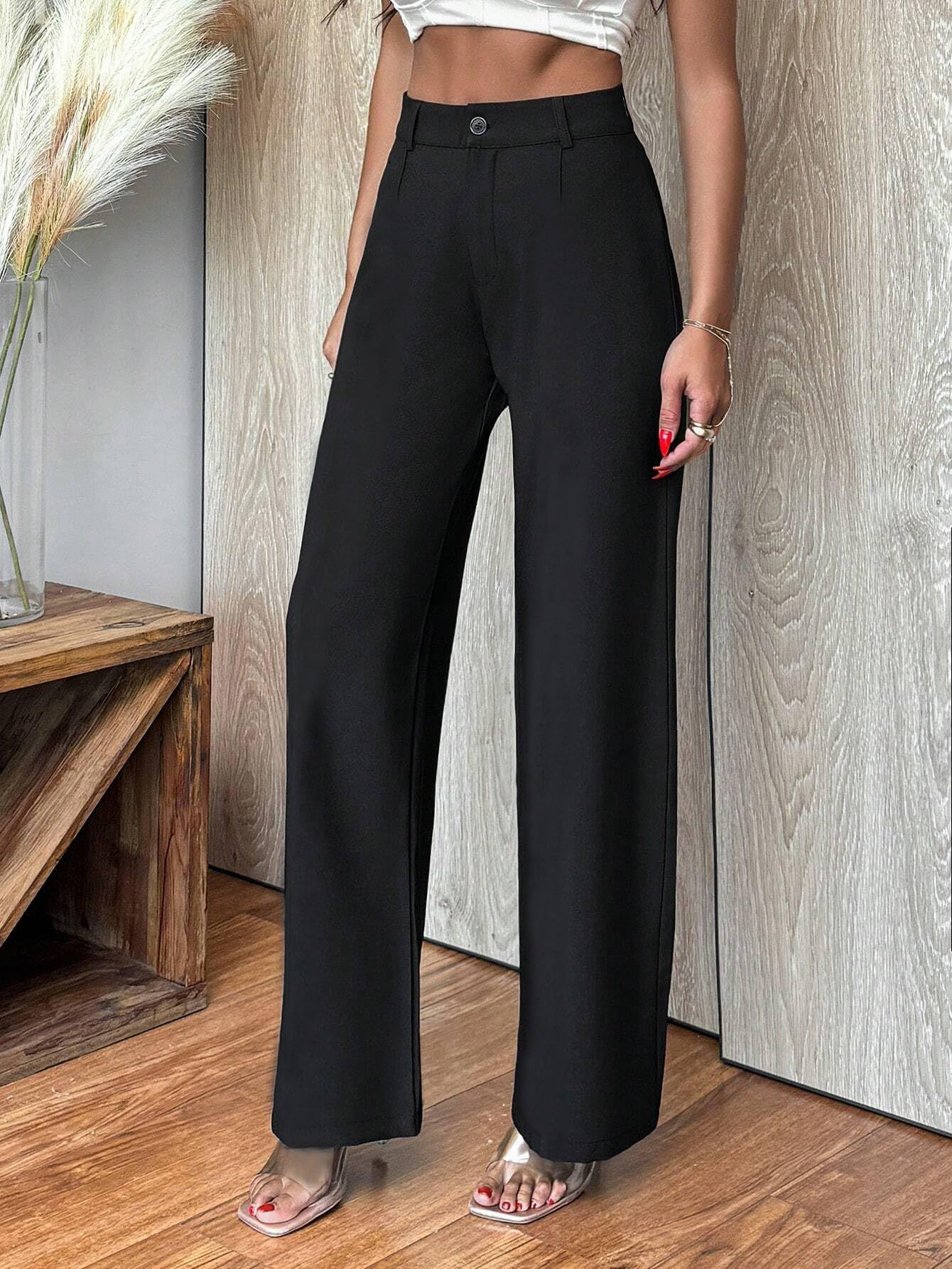Toochki Womens Straight Fit Spandex Solid Black Trousers