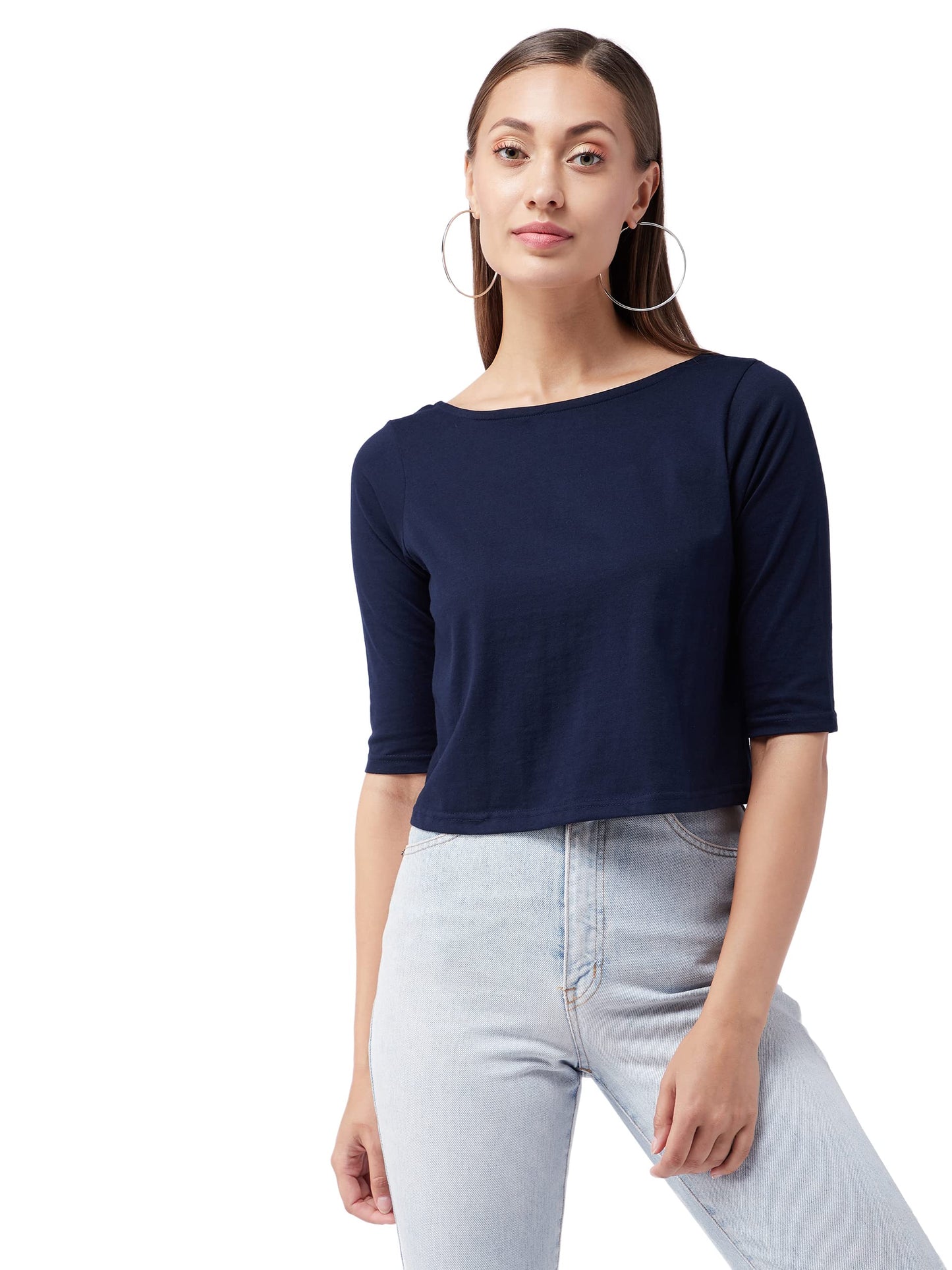 Miss Chase WomenS Navy Blue Round Neck 3/4 Sleeves Button Up Top (Mcaw14Tp01-55-71-06-Navy Blue-Xl)
