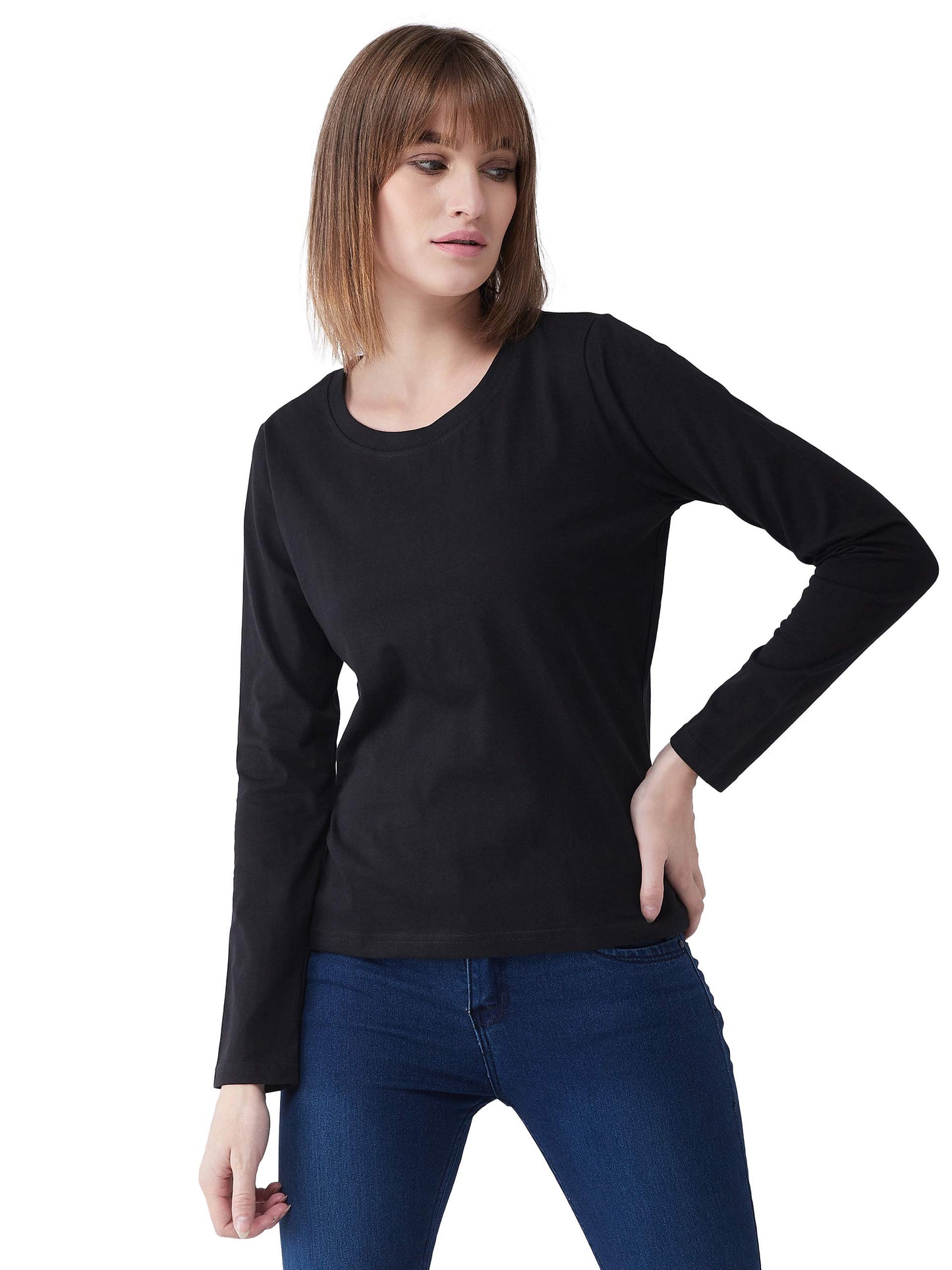 Miss Chase WomenS Black Cotton Round Neck Full Sleeves Knitted Solid Basic Top (Mcss20Ts99-08-62-02_Black_Xs)