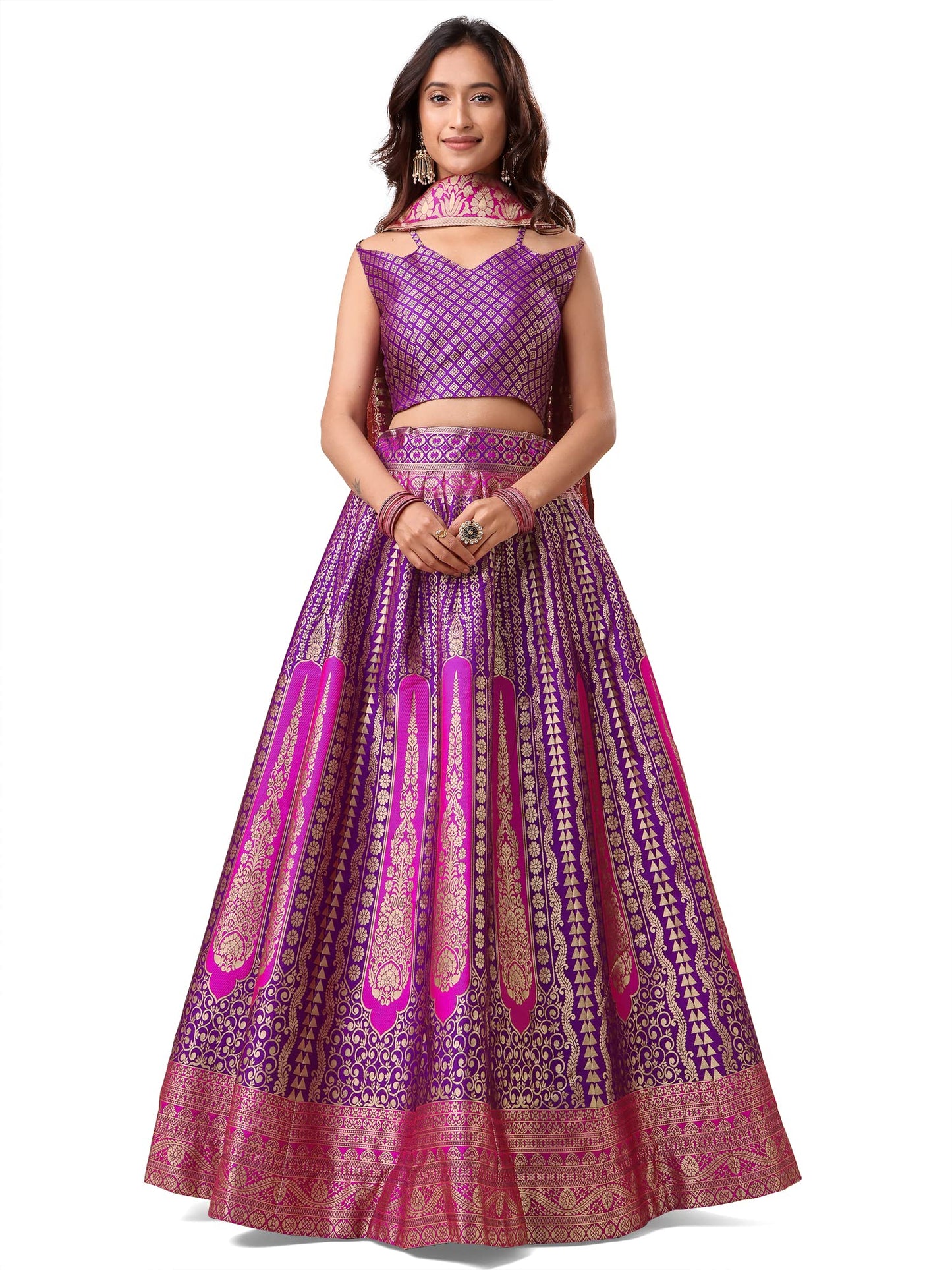 Purvaja WomenS Jacquard Semi-Stitched Lehenga Choli (Lihaaz-Wine_Wine_Free Size)