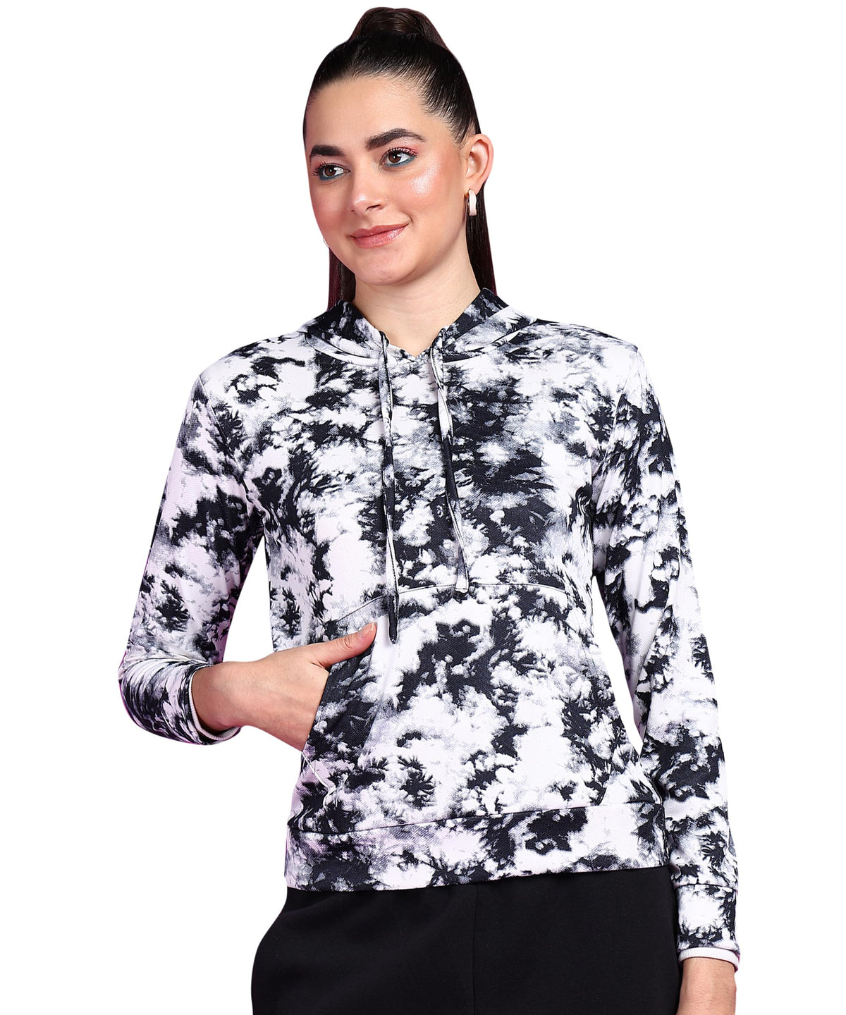 POPWINGS Women Casual Black & White Tie & Dye Printed Pocket Hooded Sweatshirt