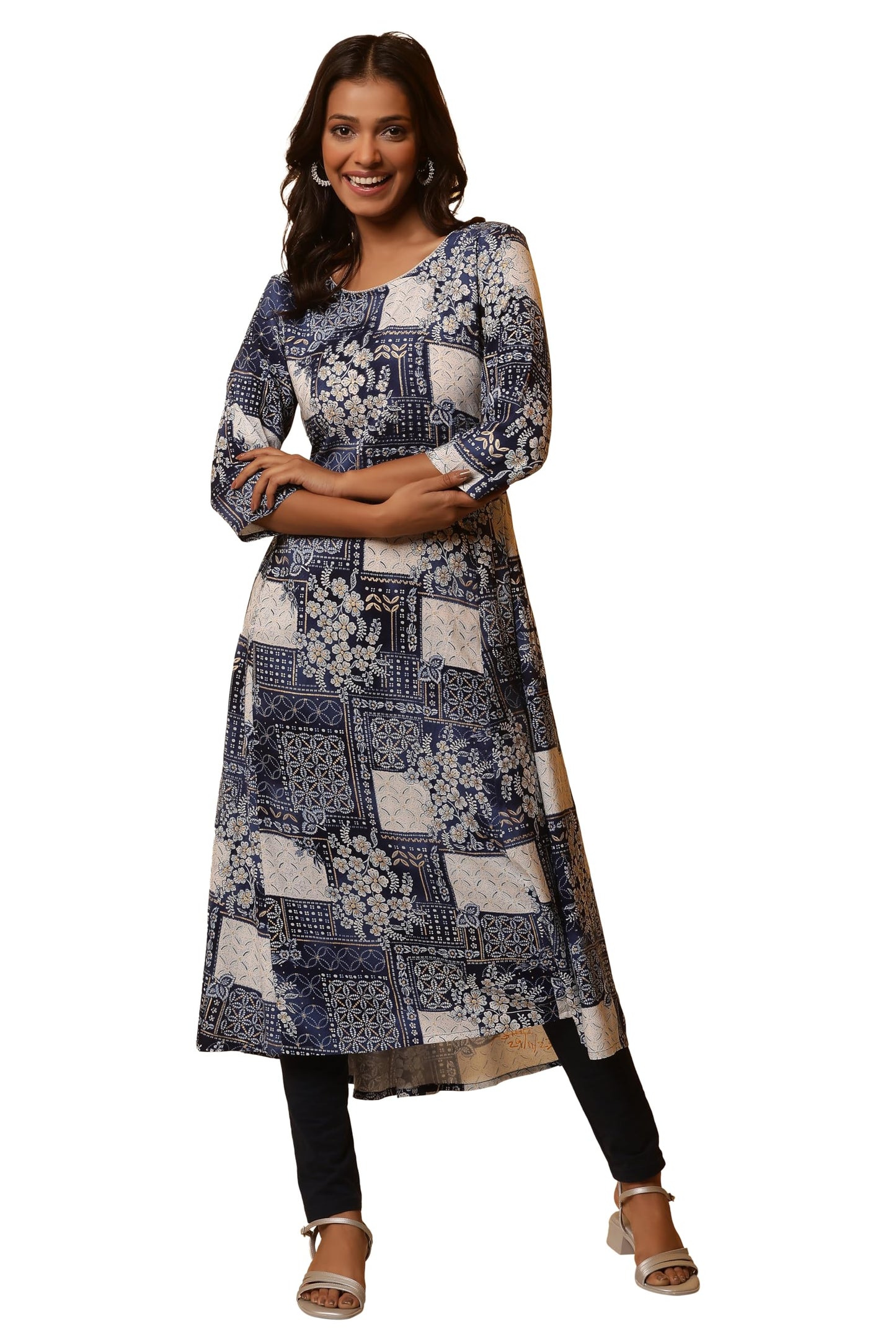 Aurelia Women Blue Geometric Print Rayon Flared Kurta_24Fea14819_L