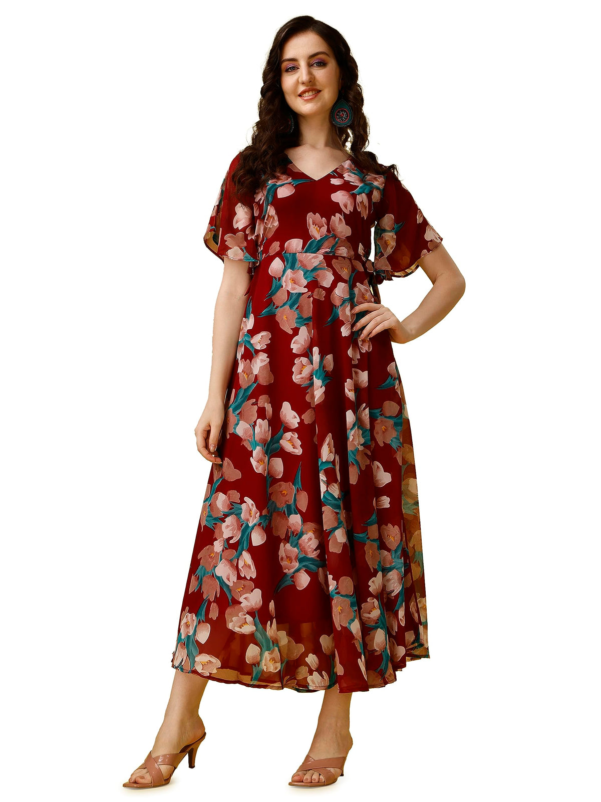 Fashion2Wear WomenS Georgette Midi Dress With V Neck Floral Printed A Line Style Knee Length Half Ruffle Sleeves And Regular Fi