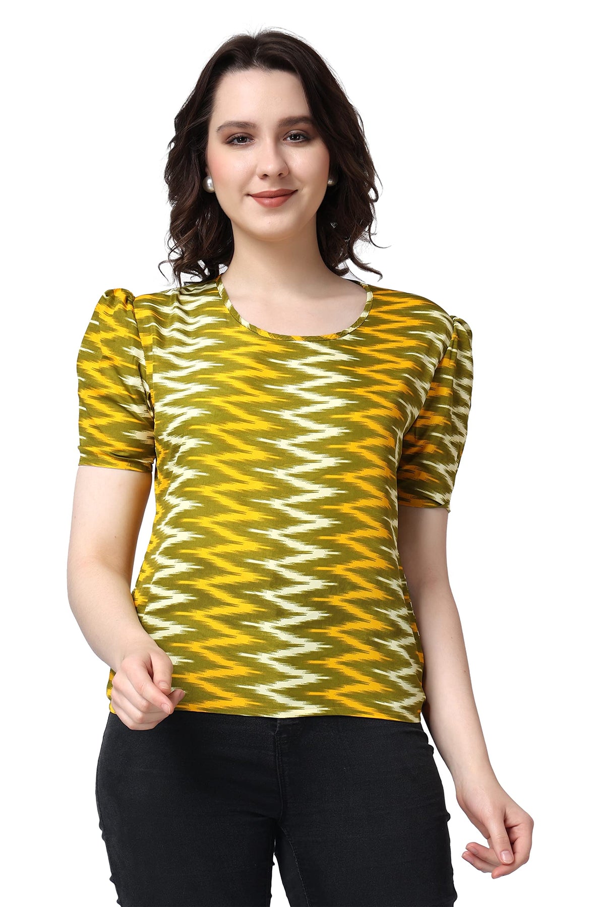 POPWINGS Casual Printed Puff Sleeves Round Neck Top for Women || Stylish Latest Summer Tops for Women || Hip-Length Women Top