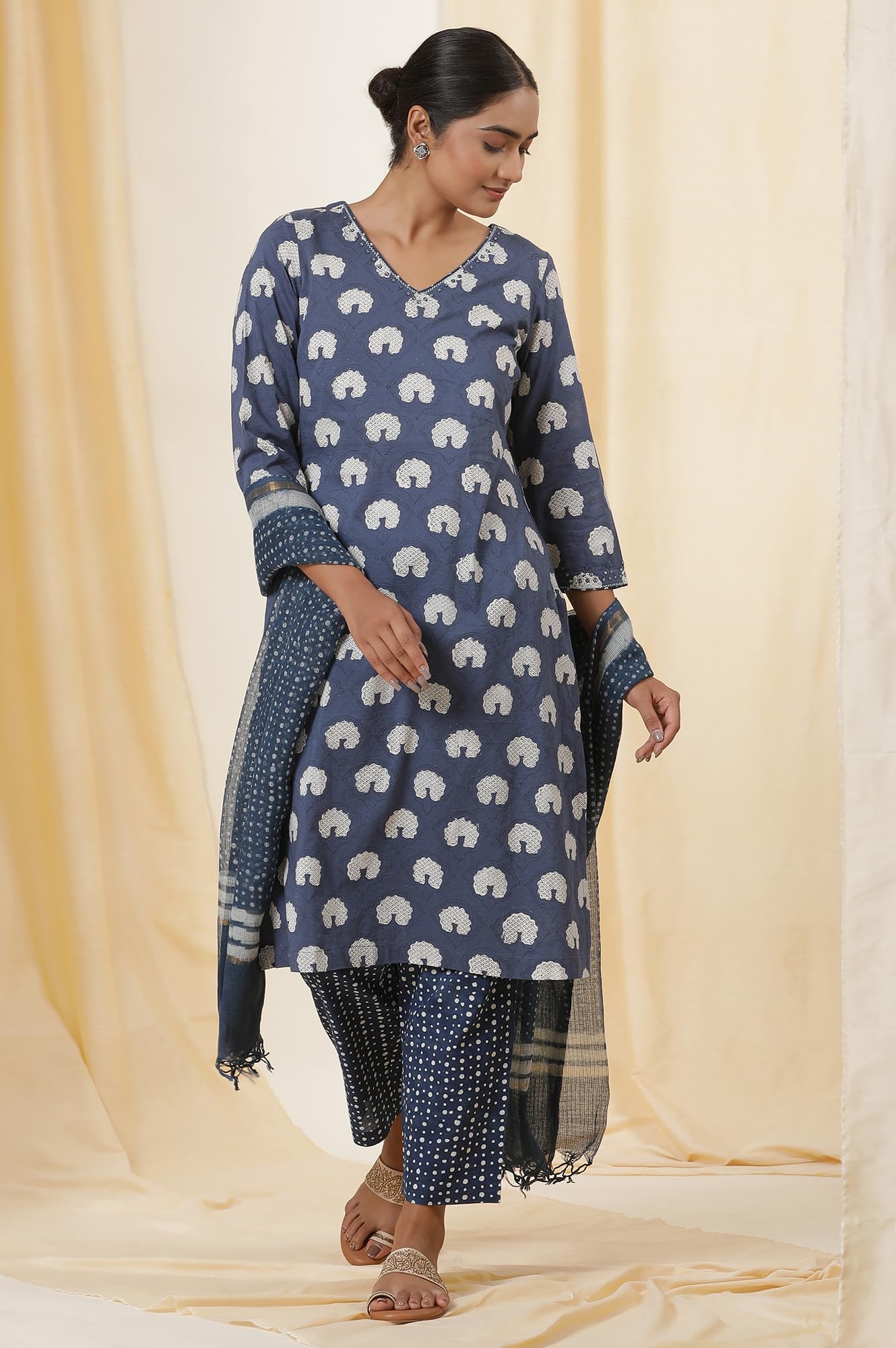 W for Woman Folksong Blue Printed Cotton Straight Kurta, Salwar Pant & Dupatta