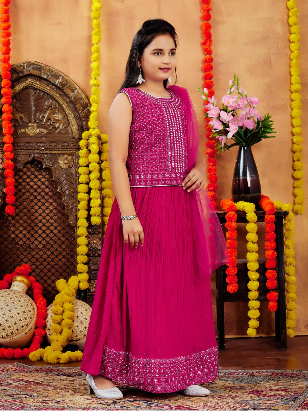 Aarika Girls Ethnic Wear Rani Colour Mirror Embroidery Georgette Lehenga Choli Set (4-10 Years)