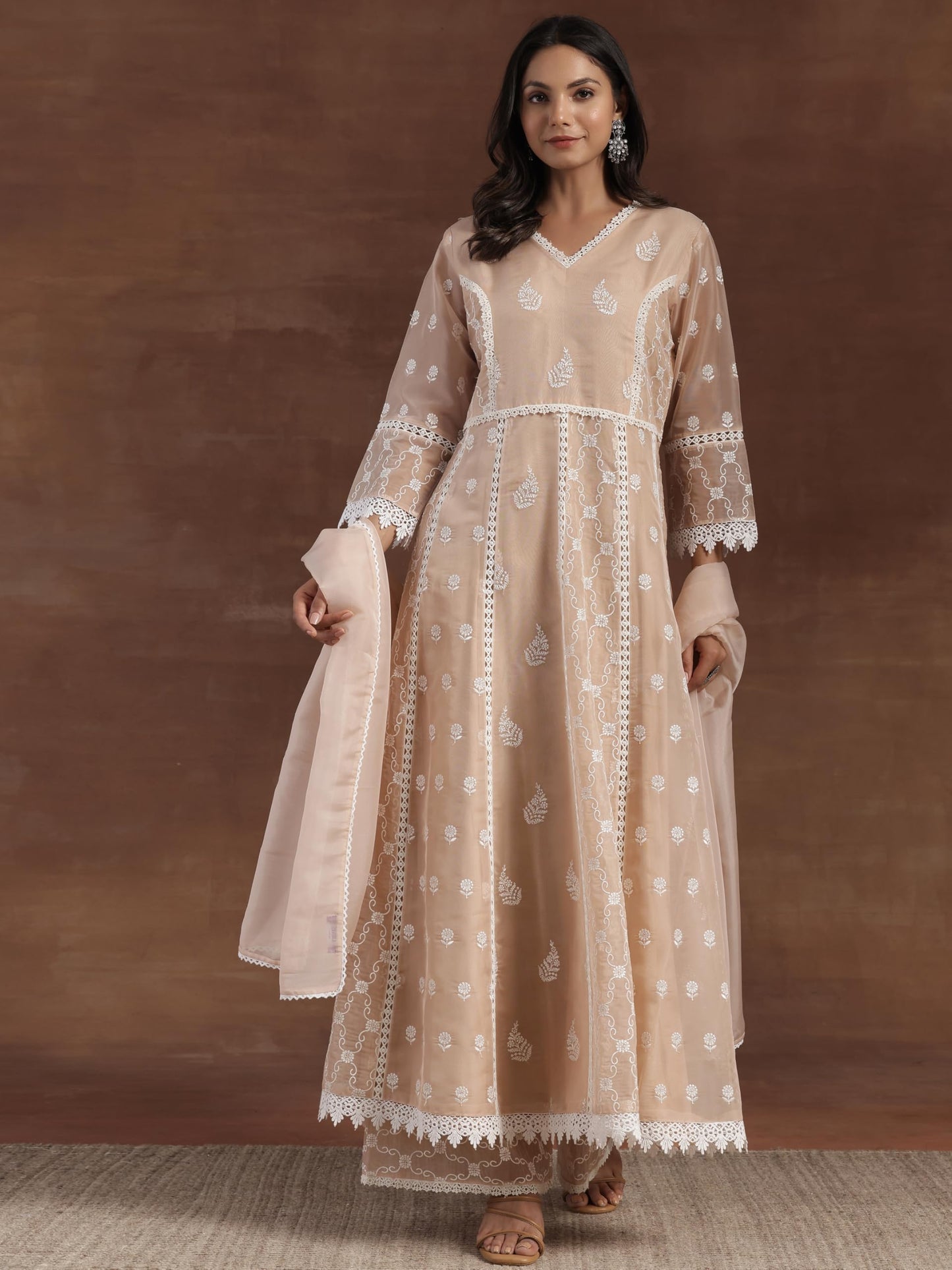 Libas Womens Embroidered Organza A-Line Kurta With Palazzos And Dupatta