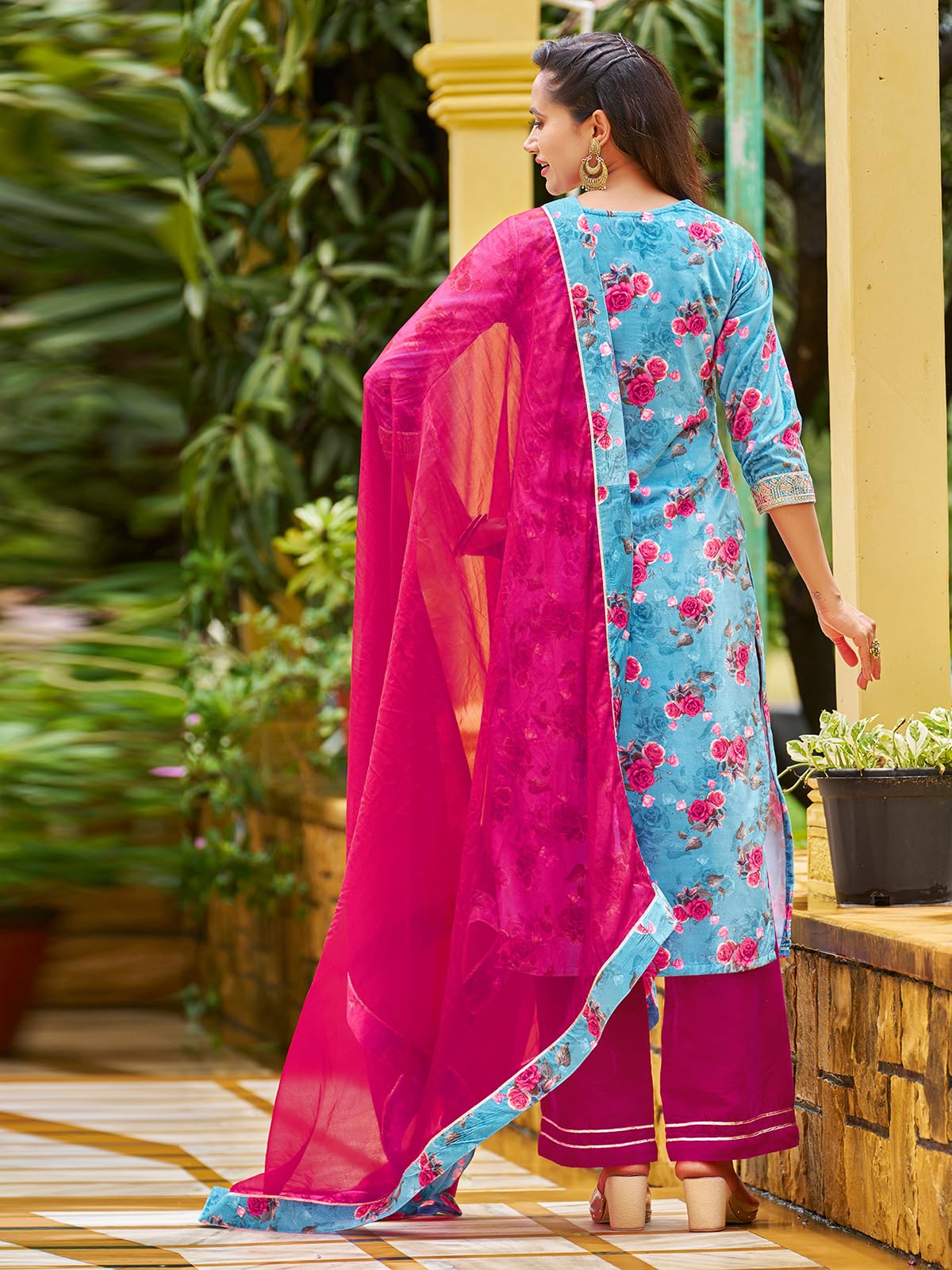 Sanisa Women's Velvet Digital Printed Straight Kurta with Pant and Lace Work Dupatta