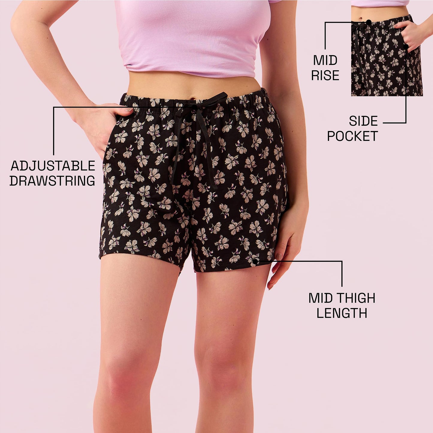 Enamor Womens Boxer Shorts (E062_Black Poppy PRT