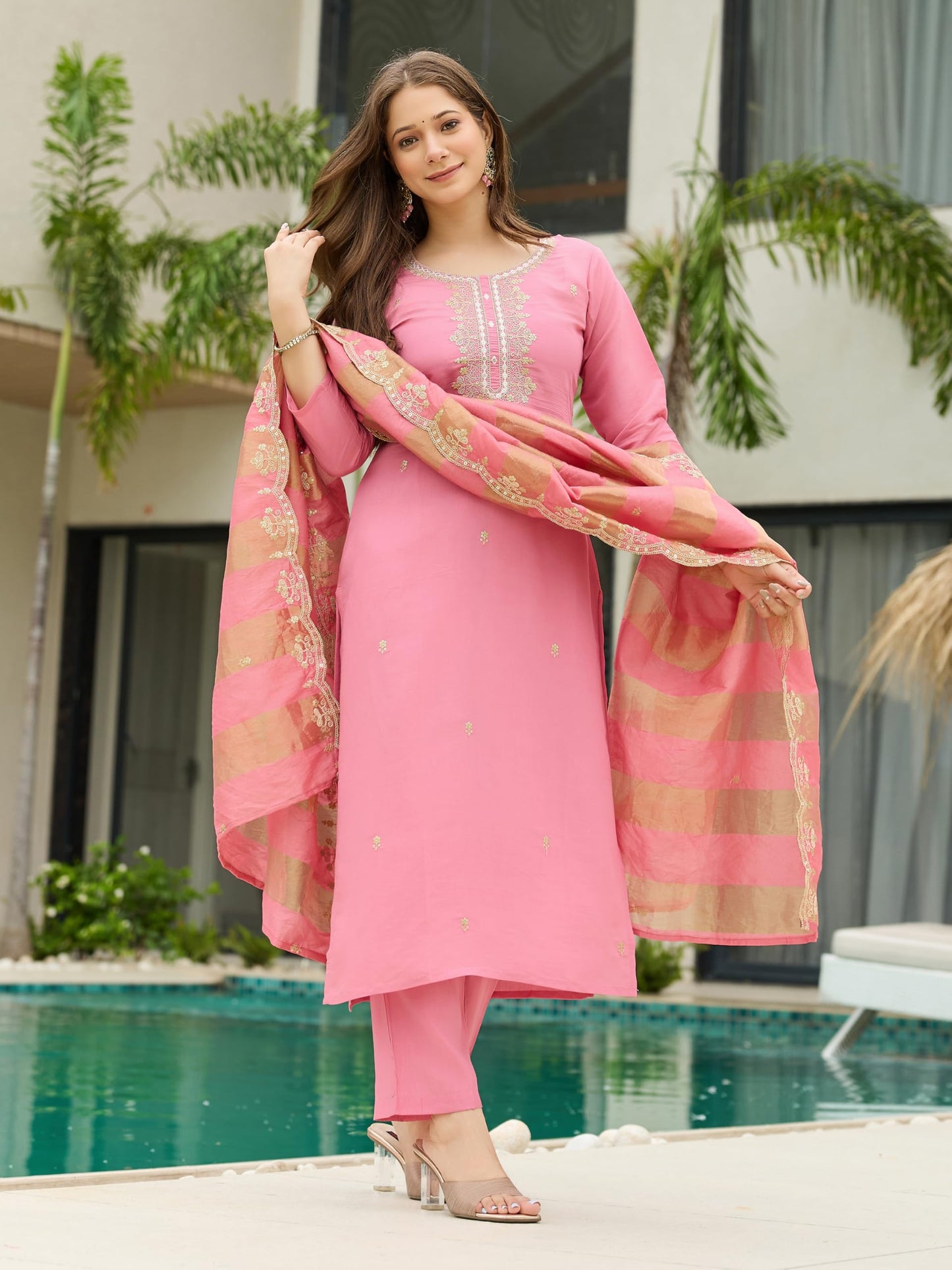 Naixa WomenS Cotton Blend Embroidered Straight Kurta Pant Dupatta Set Ethnic Wear, 3-Piece Set For Wedding And Festival (Nx2-7