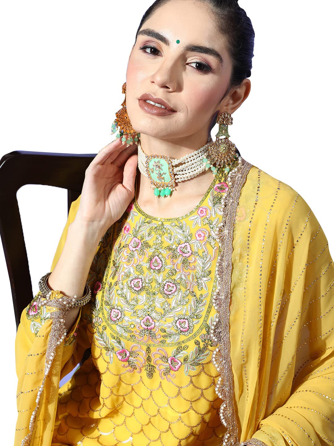 ishin Women's Georgette Mustard Embroidered A-Line Style Back Kurta Set with Sharara and Dupatta
