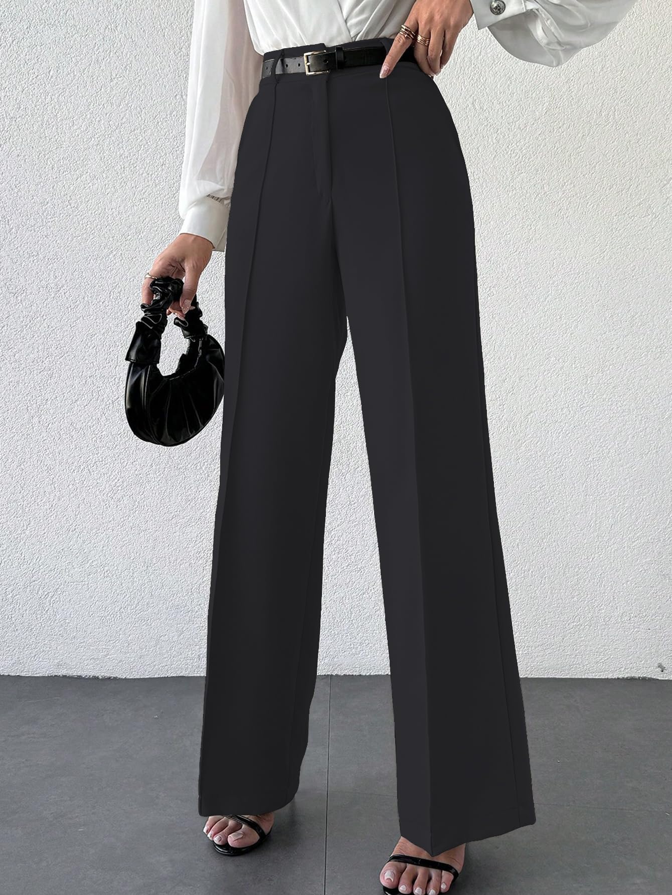 Shasmi Womens Solid Black Color High Waist, Wide Straight-Leg Loose Fit, Front Button Closure, Simple Daily Casual Long Pants w