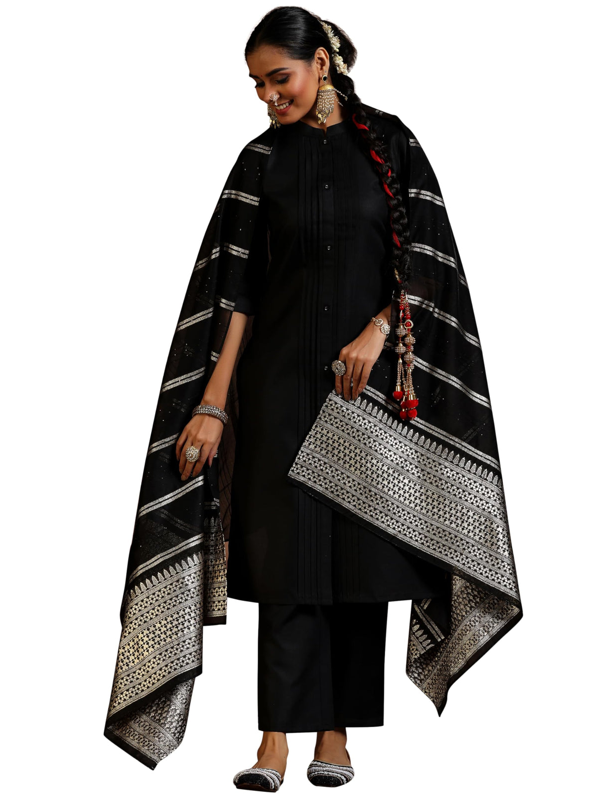 Libas Womens Woven Design Cotton Blend Straight Kurta With Trousers And Dupatta
