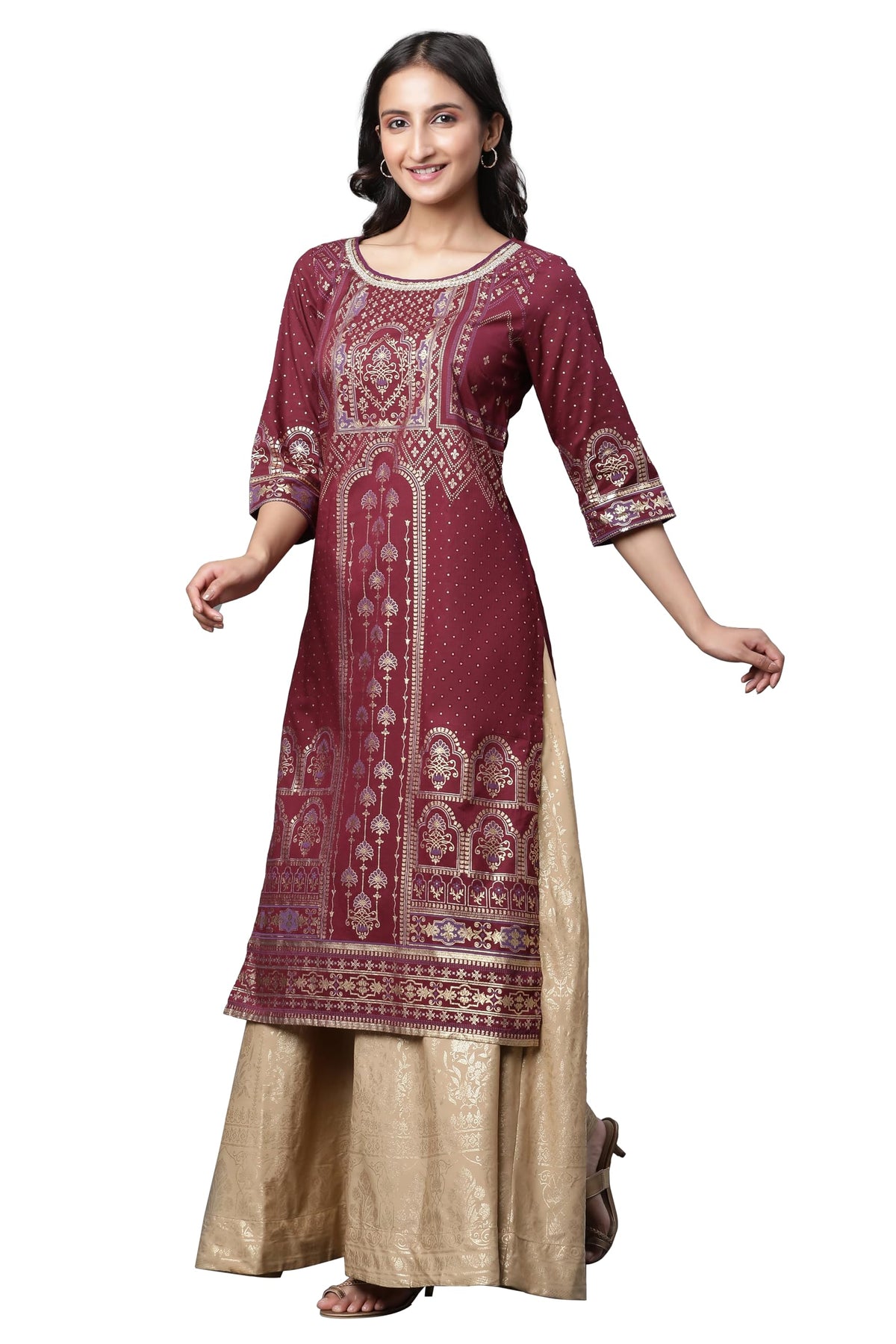Aurelia Maroon Geometric Printed Printed Lace Cotton Regular Kurta for Women