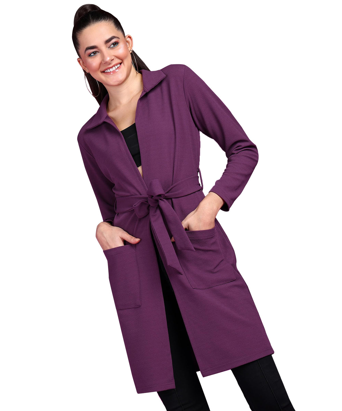 POPWINGS Women Casual Purple Solid Belt Closure Long Shrug