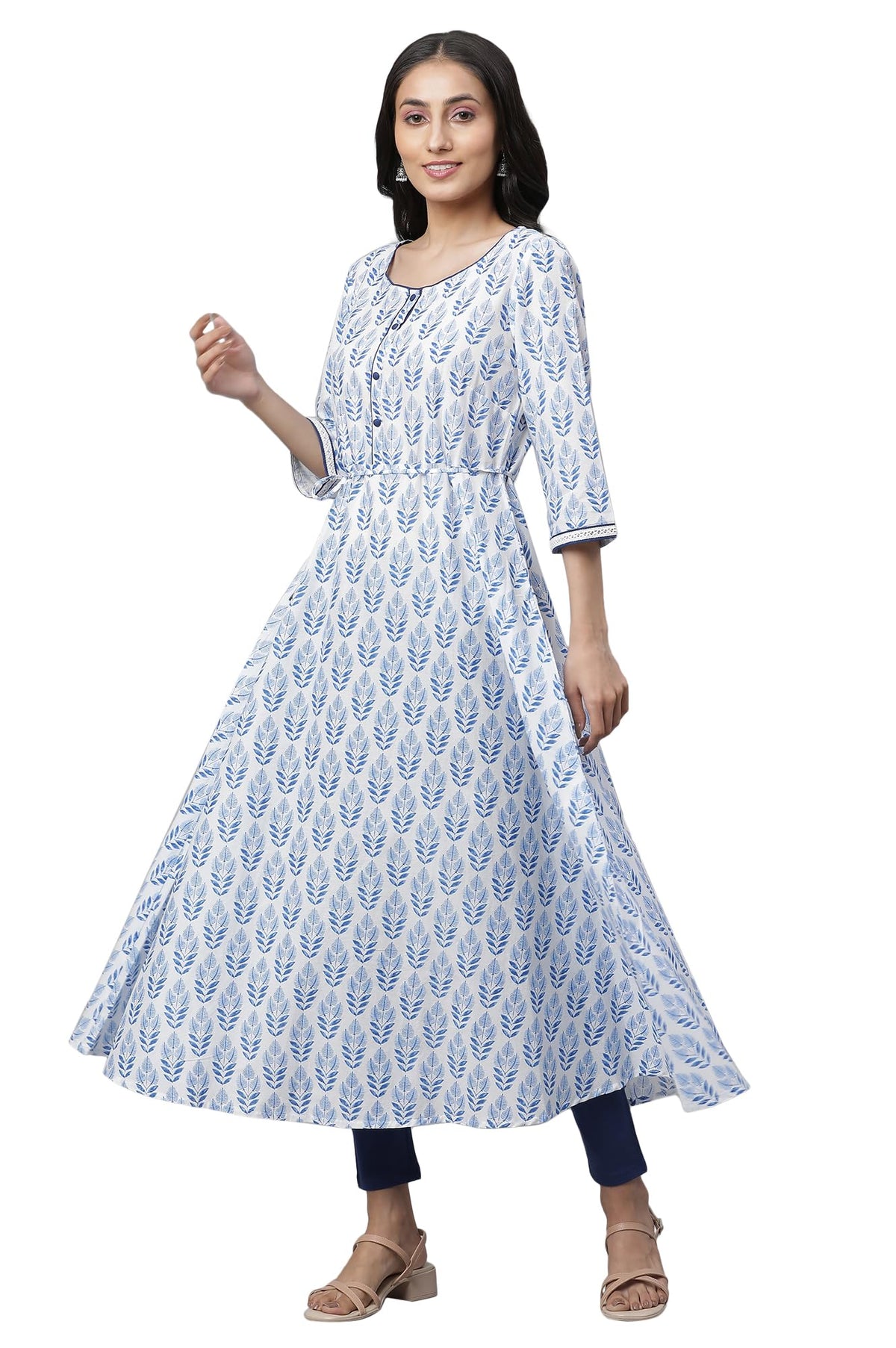 Aurelia White Leaf Print Cotton Anarkali Kurta For Women