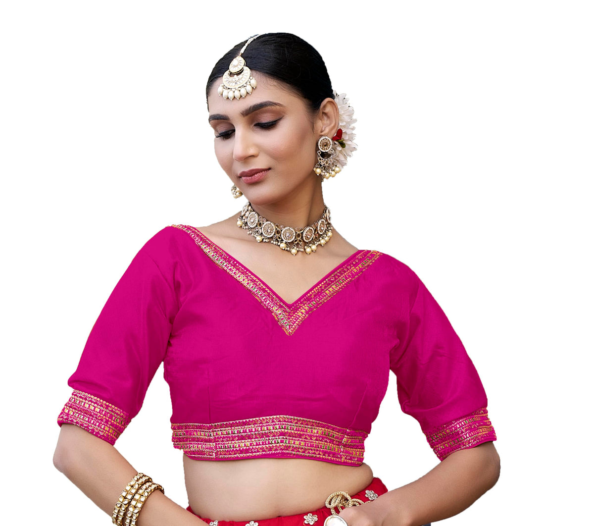Pujia Mills WomenS Milan Silk Readymade Wine Blouse Half Sleeves Embroidery Aari Work Saree Choli