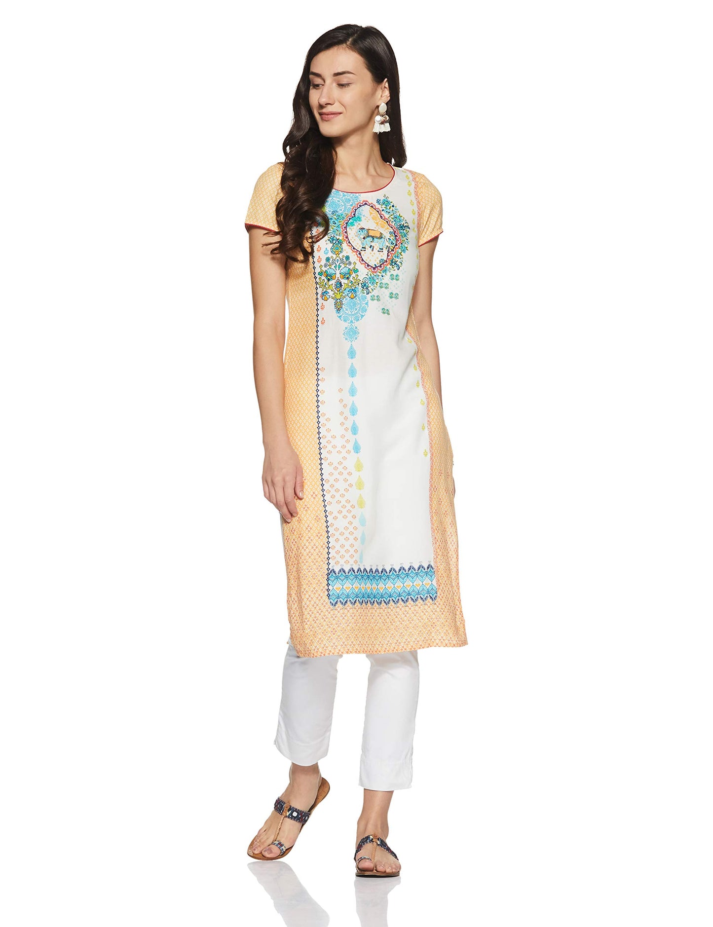 Aurelia Women'S Synthetic Graphic Print Straight Kurta (18Fek13569-62962_Orange_Large)